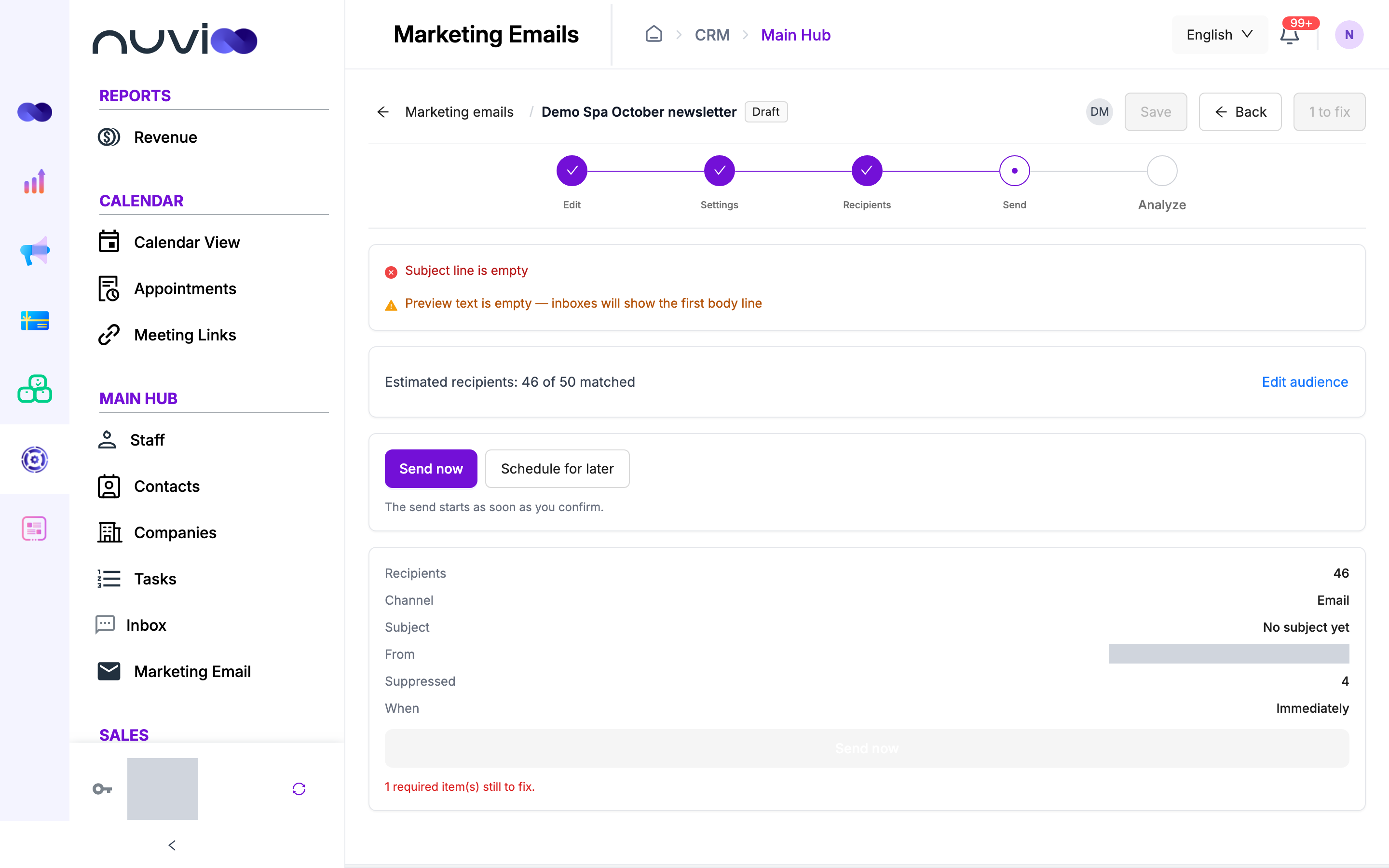 Review step with checks, estimated recipients, Send now and Schedule for later