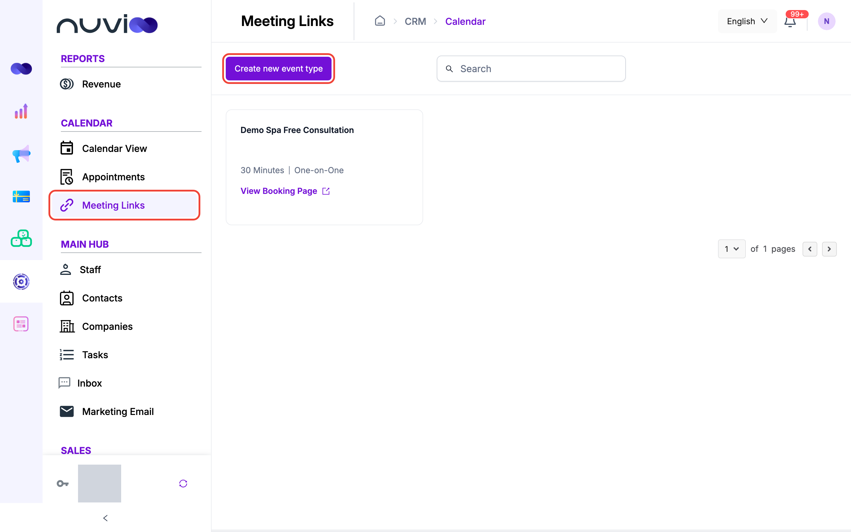 Meeting links page with one link card, its duration and View Booking Page