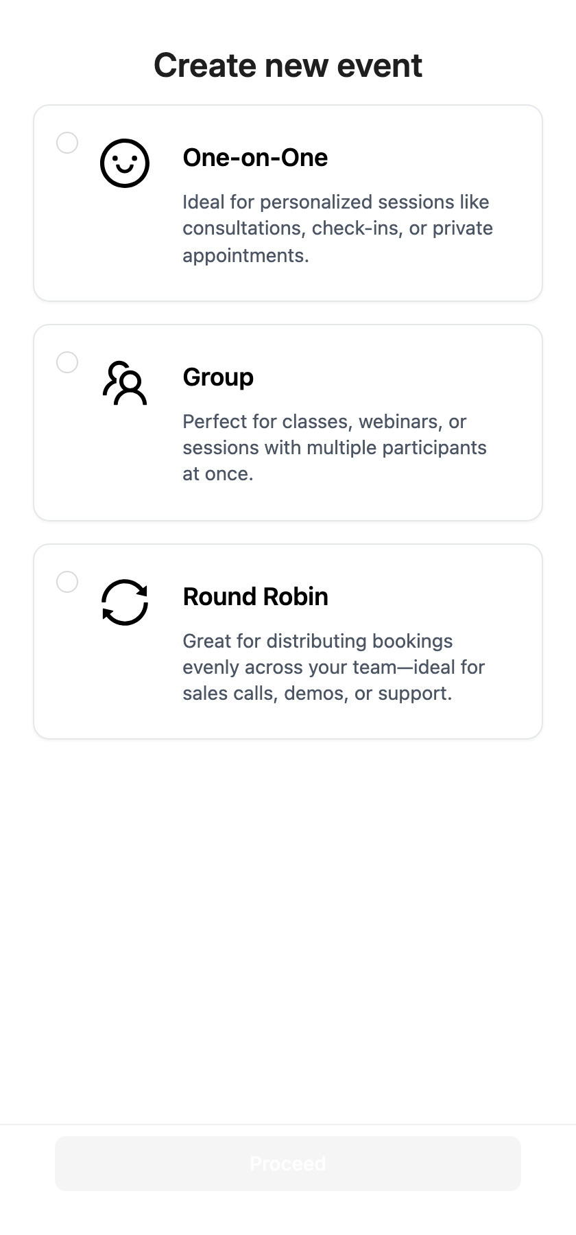 Create new event dialog with One-on-One, Group and Round Robin