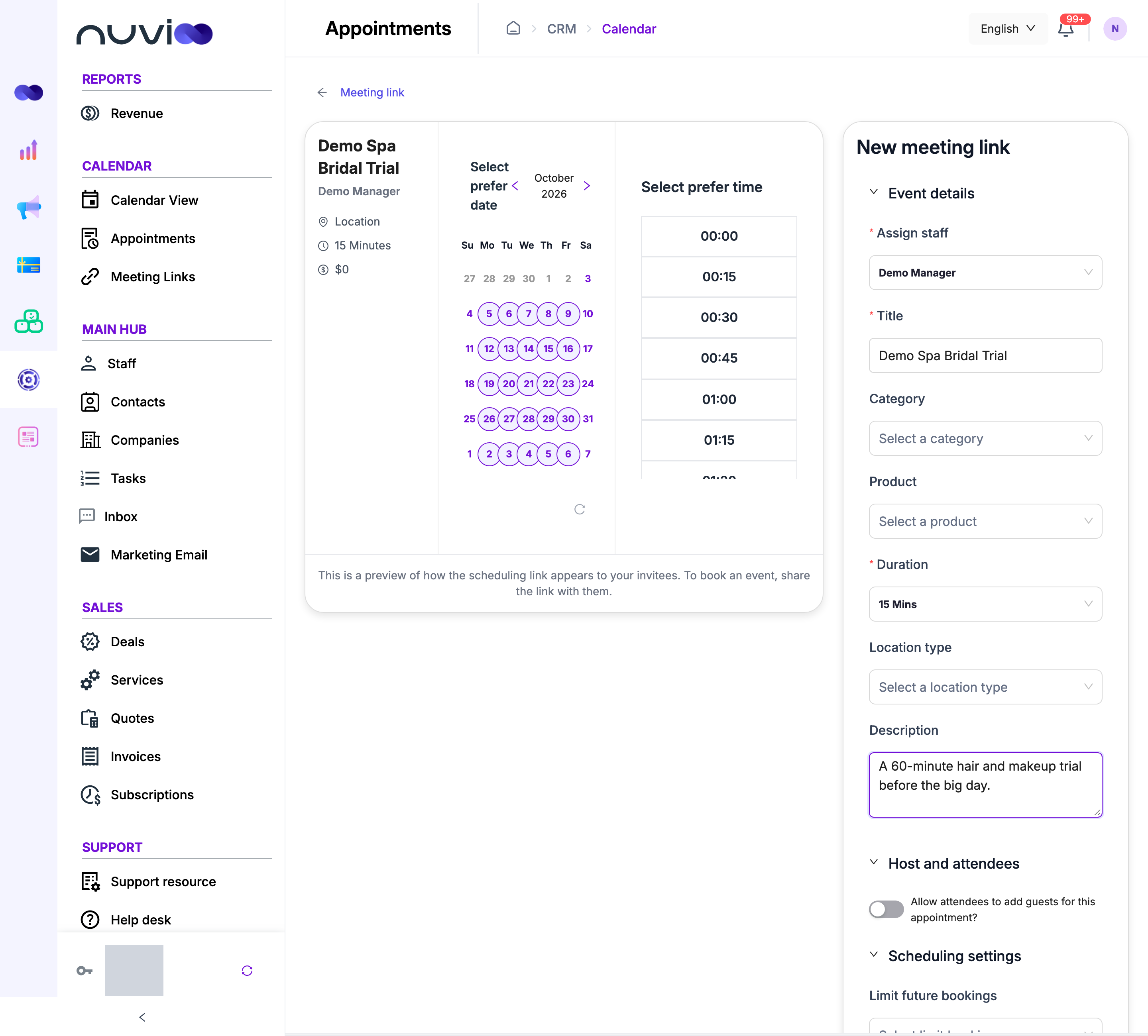Meeting link form with a booking-page preview on the left and event details on the right