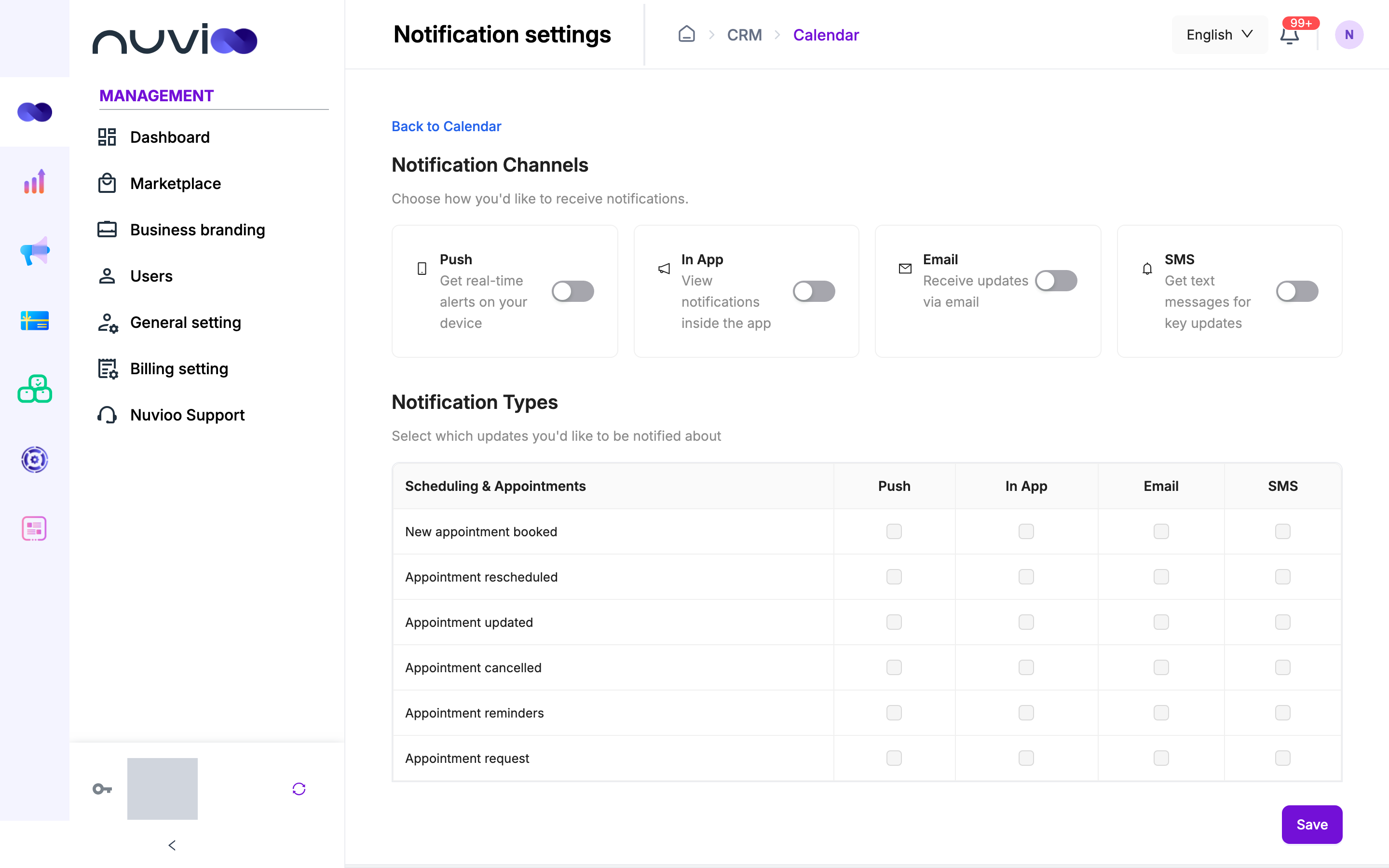 Notification settings with four channel switches (Push, In App, Email, SMS) and a table of appointment notification types