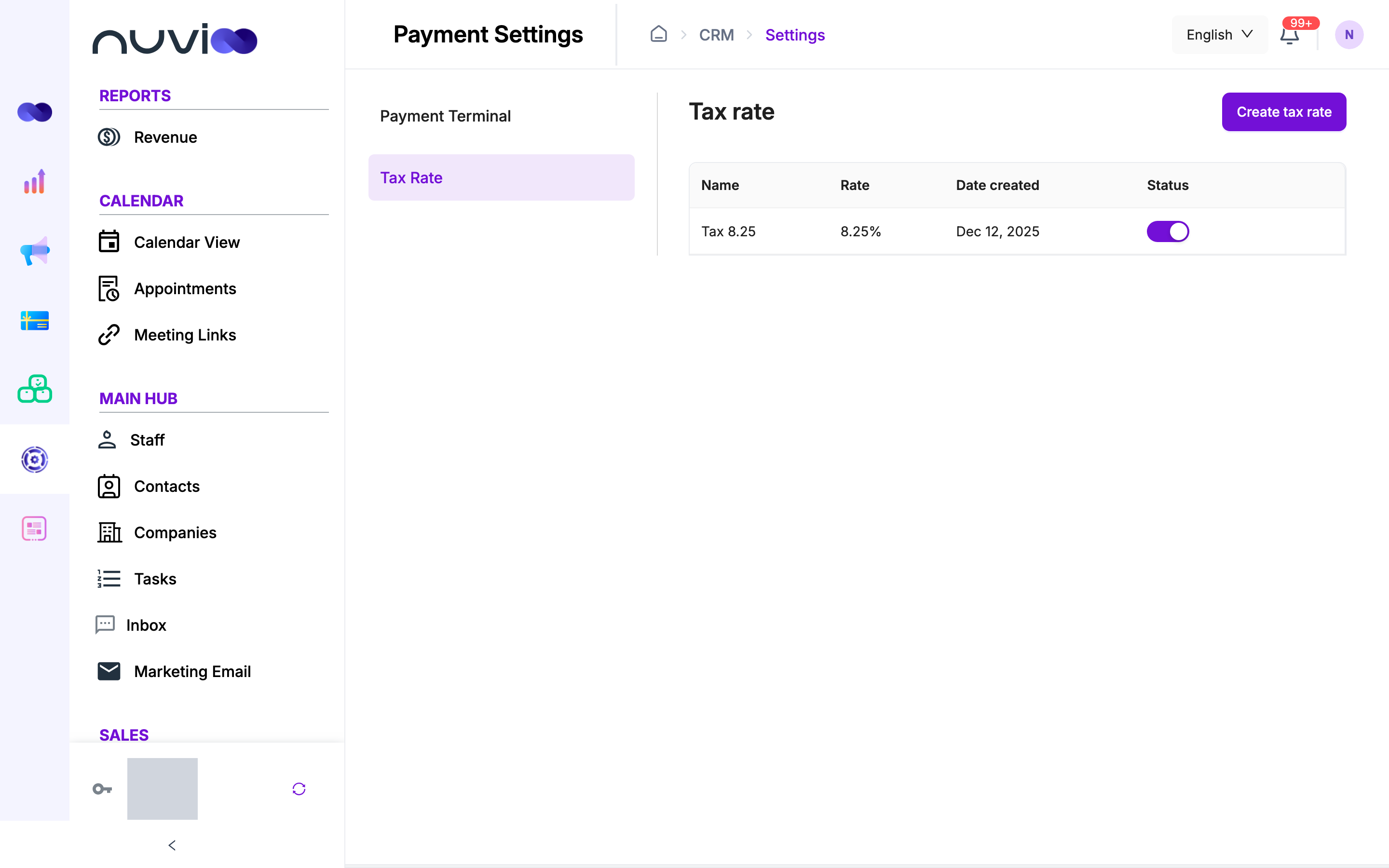 Tax rate tab with one rate and Create tax rate