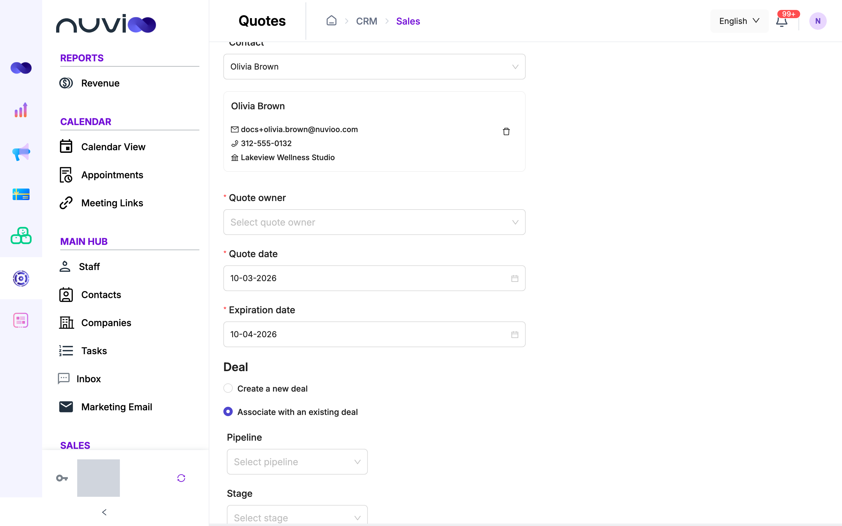 Quote setup step with name, contact, dates and the deal options