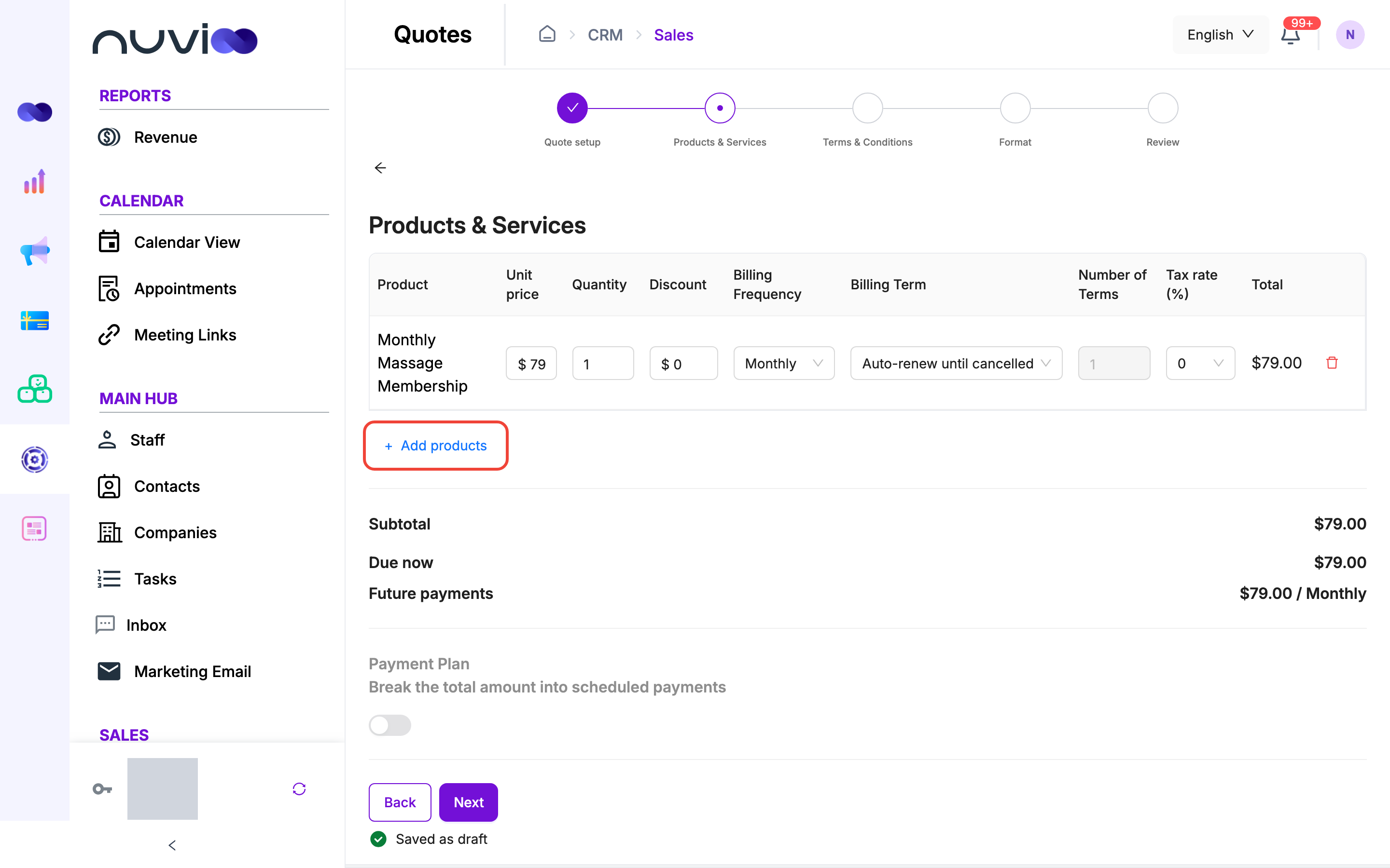 Products and Services step with one product line and totals