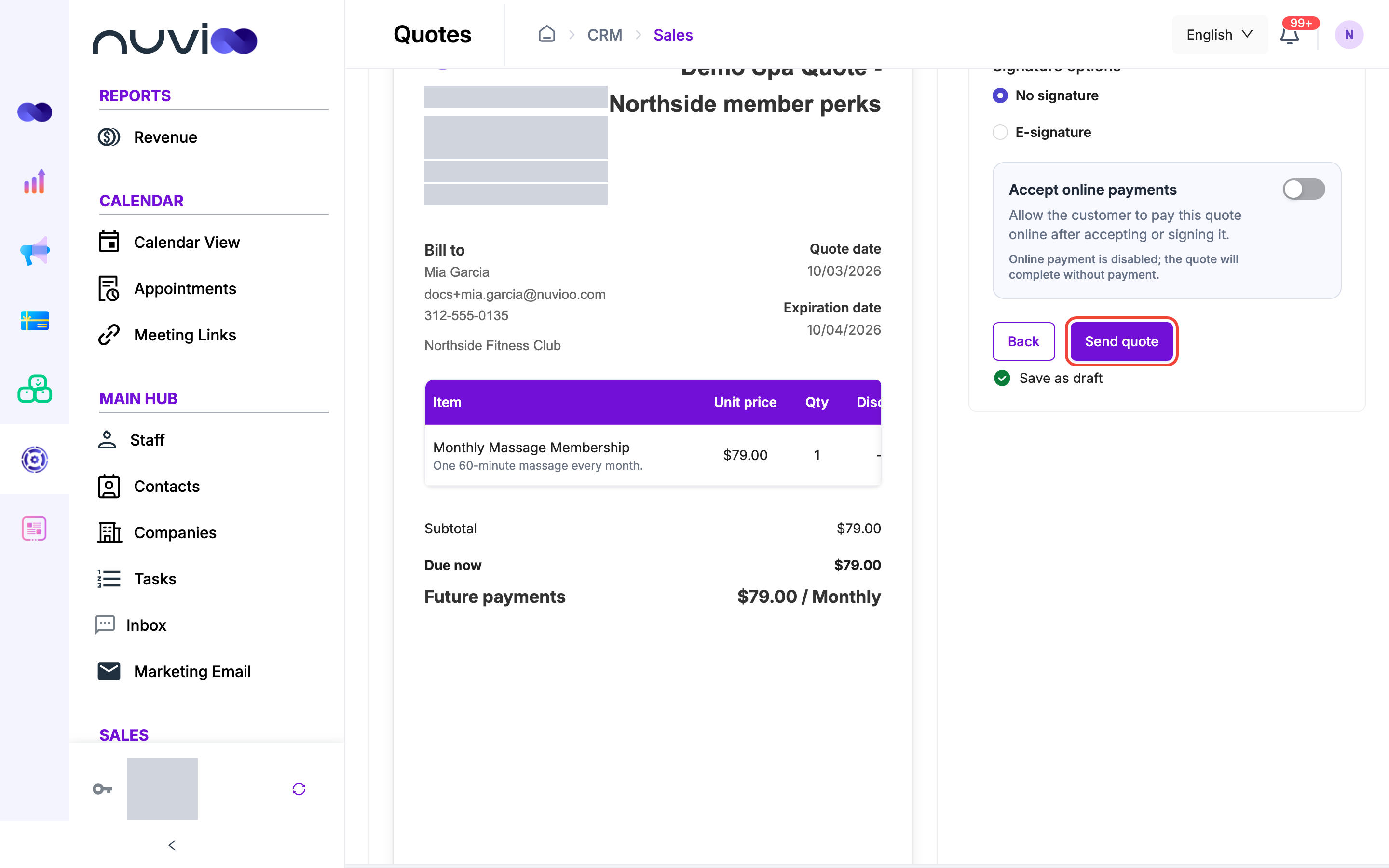 Review step with signature options, online payments and Send quote