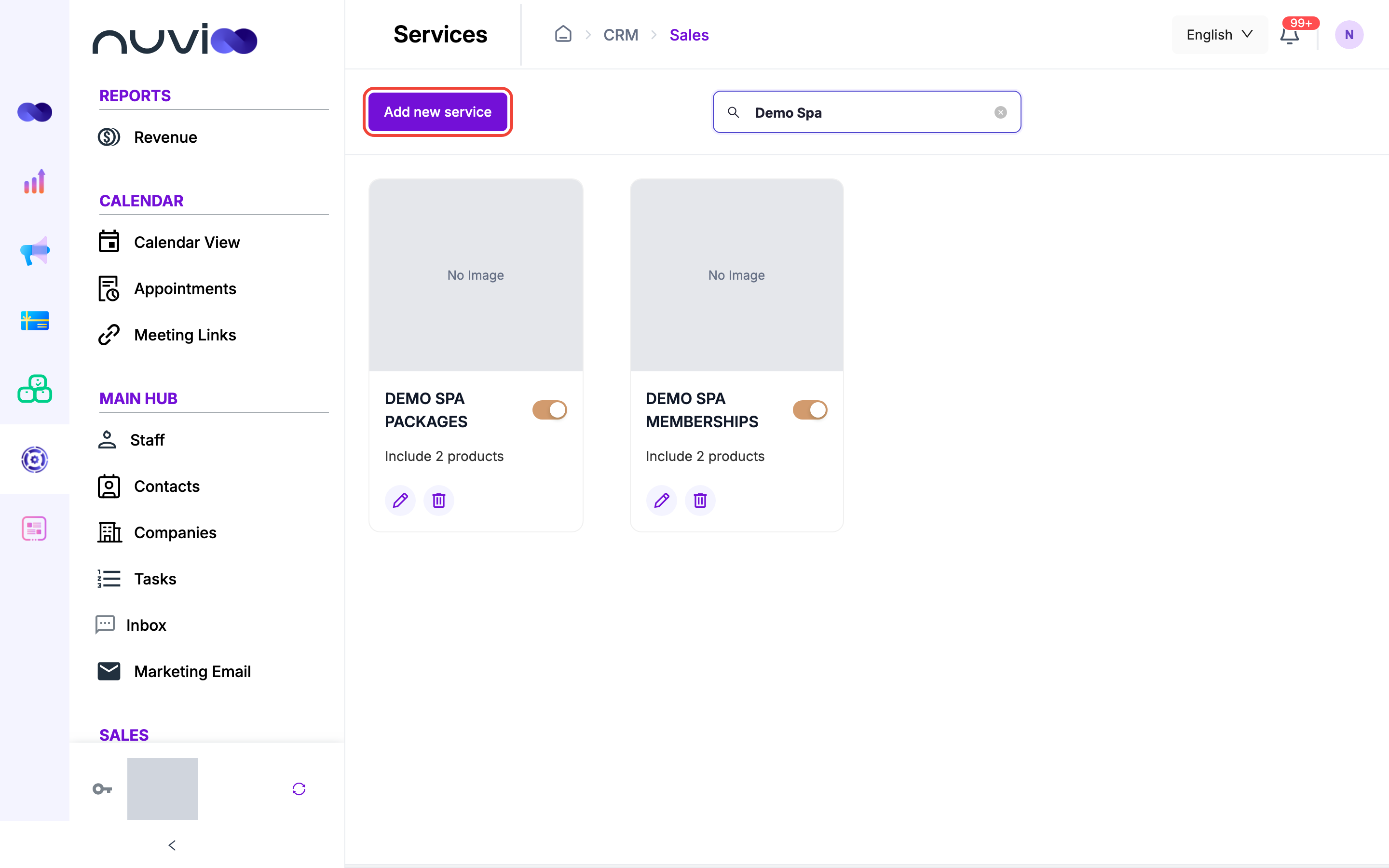 Services shown as cards with an active switch