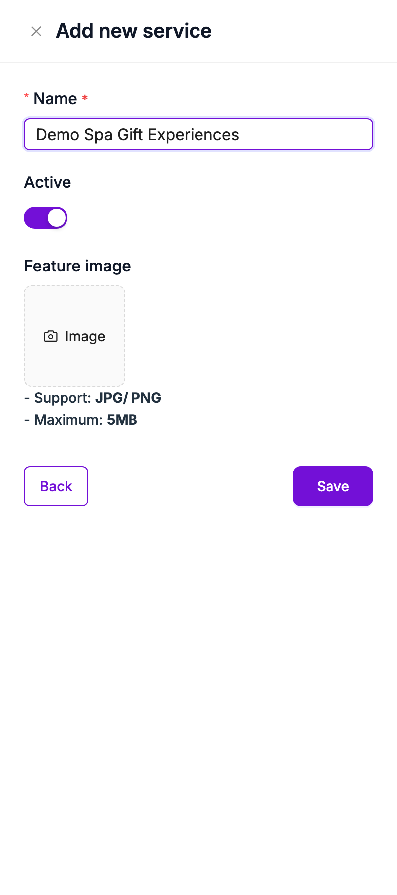 Add new service drawer with name, Active switch and image