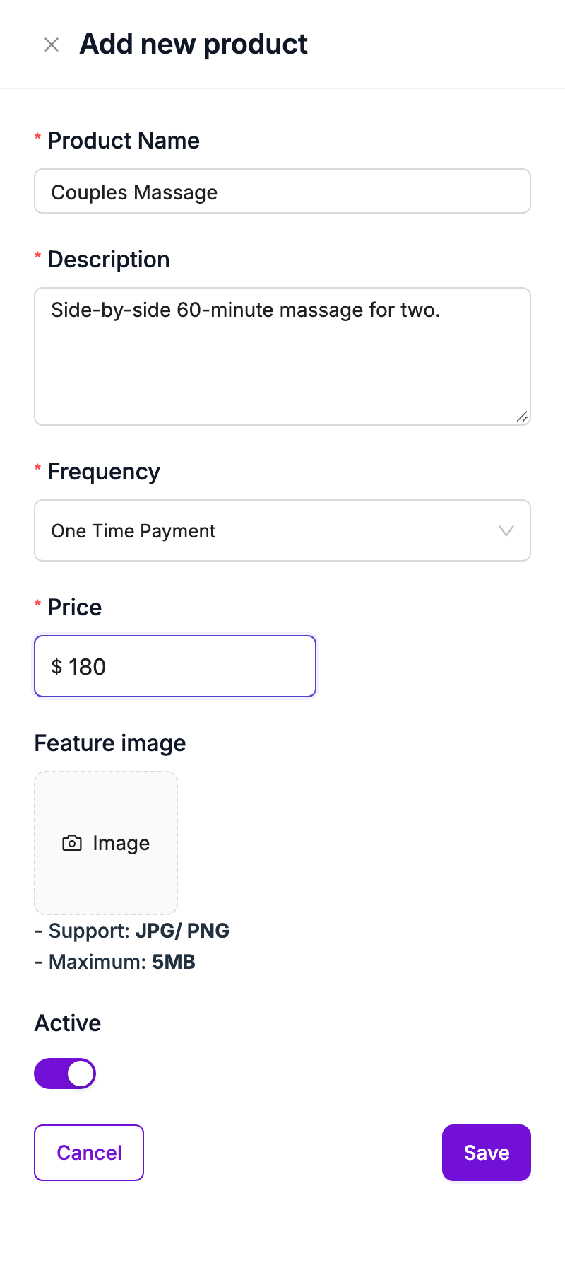 Add new product drawer with name, description, frequency, price and Active switch
