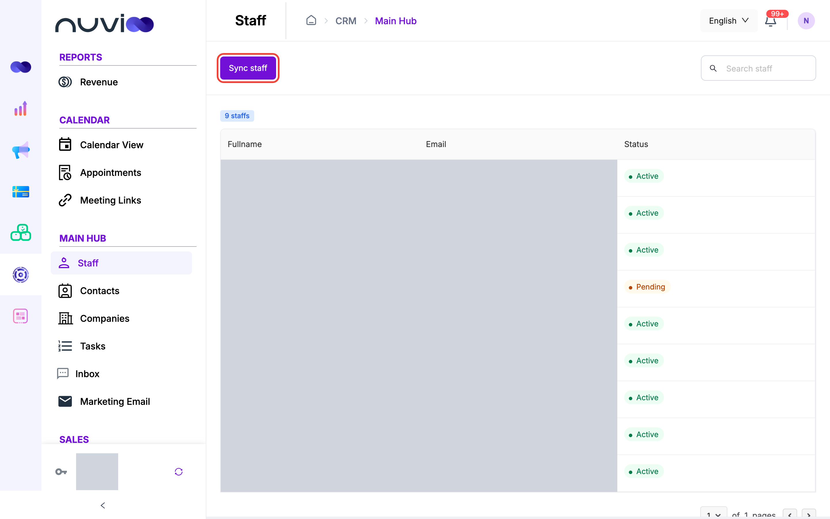 Staff list with status column and the Sync staff button