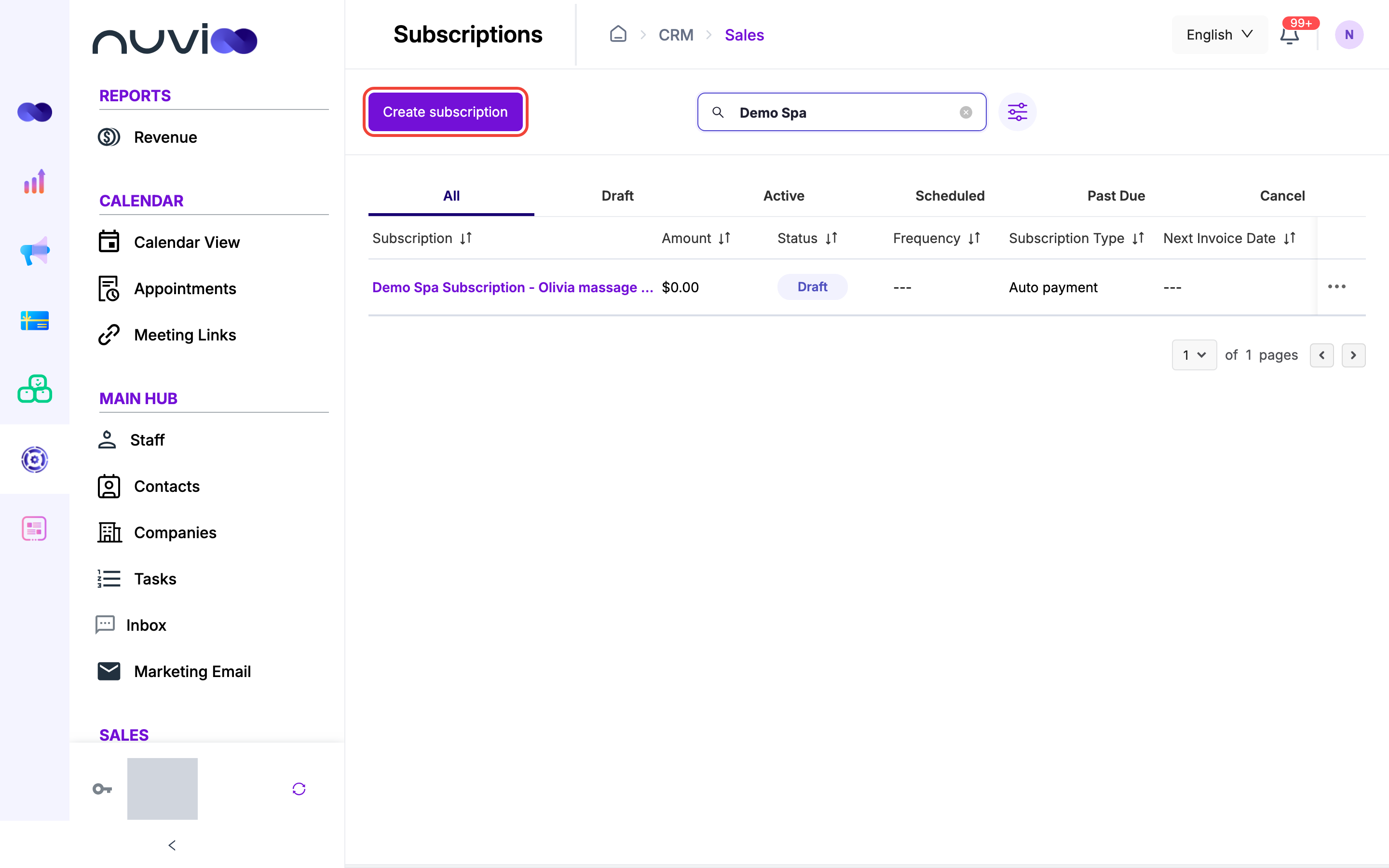 Subscriptions list with a Draft subscription