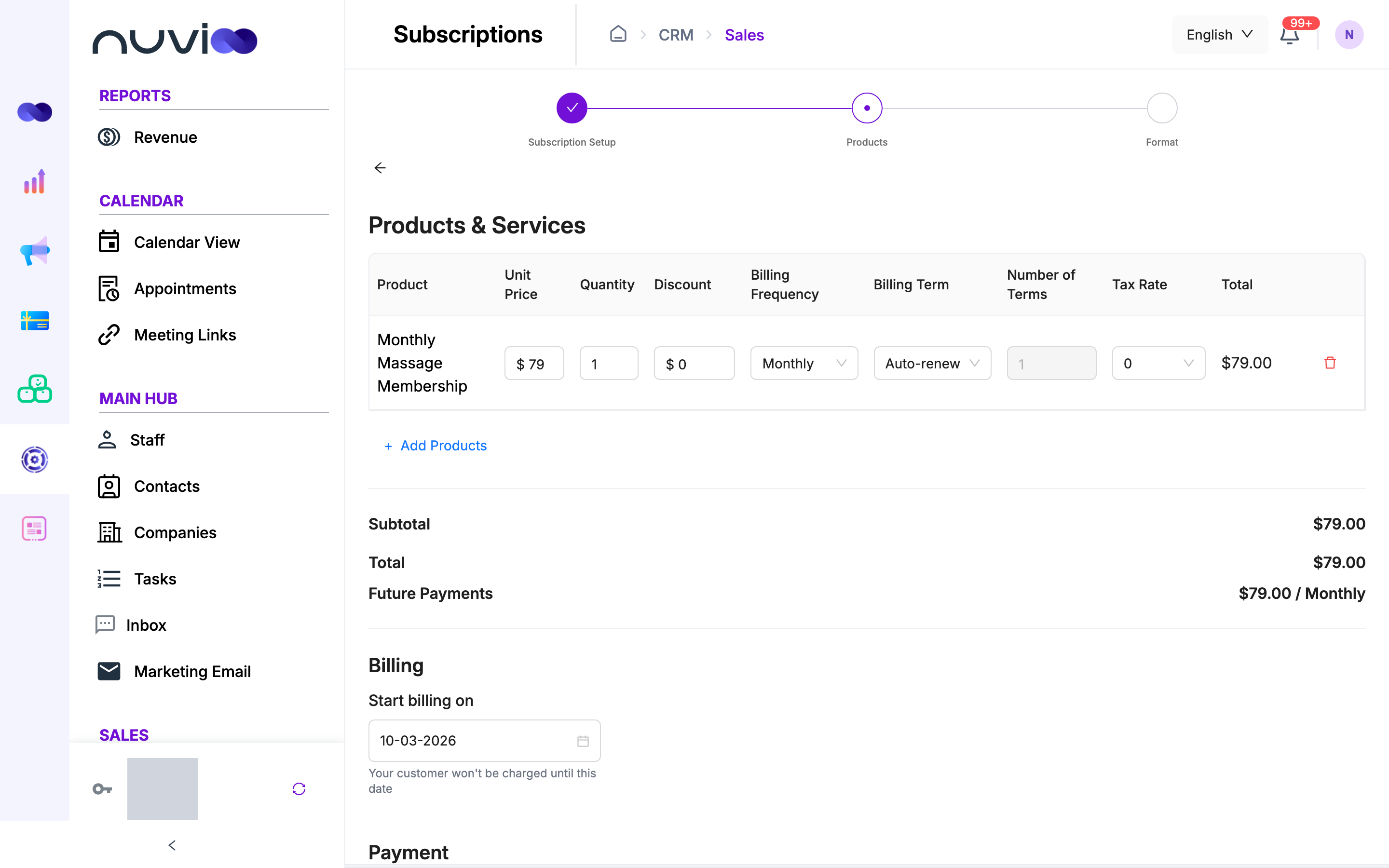 Products step with a monthly product, start billing date and payment options