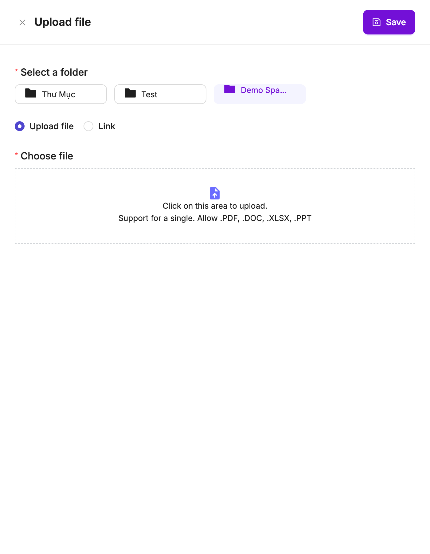 Upload file drawer with a folder selected and the file drop area