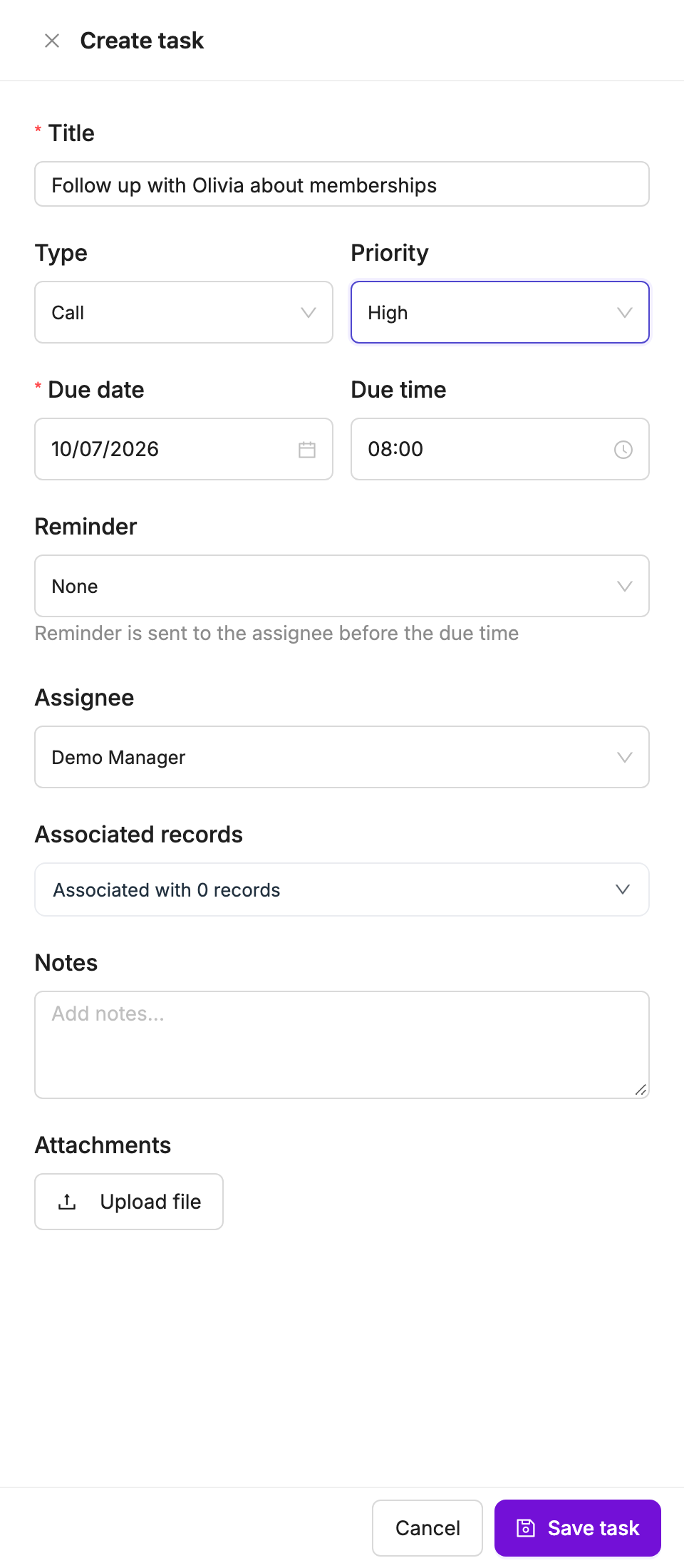 Create task drawer with title, type Call, priority High, due date and assignee