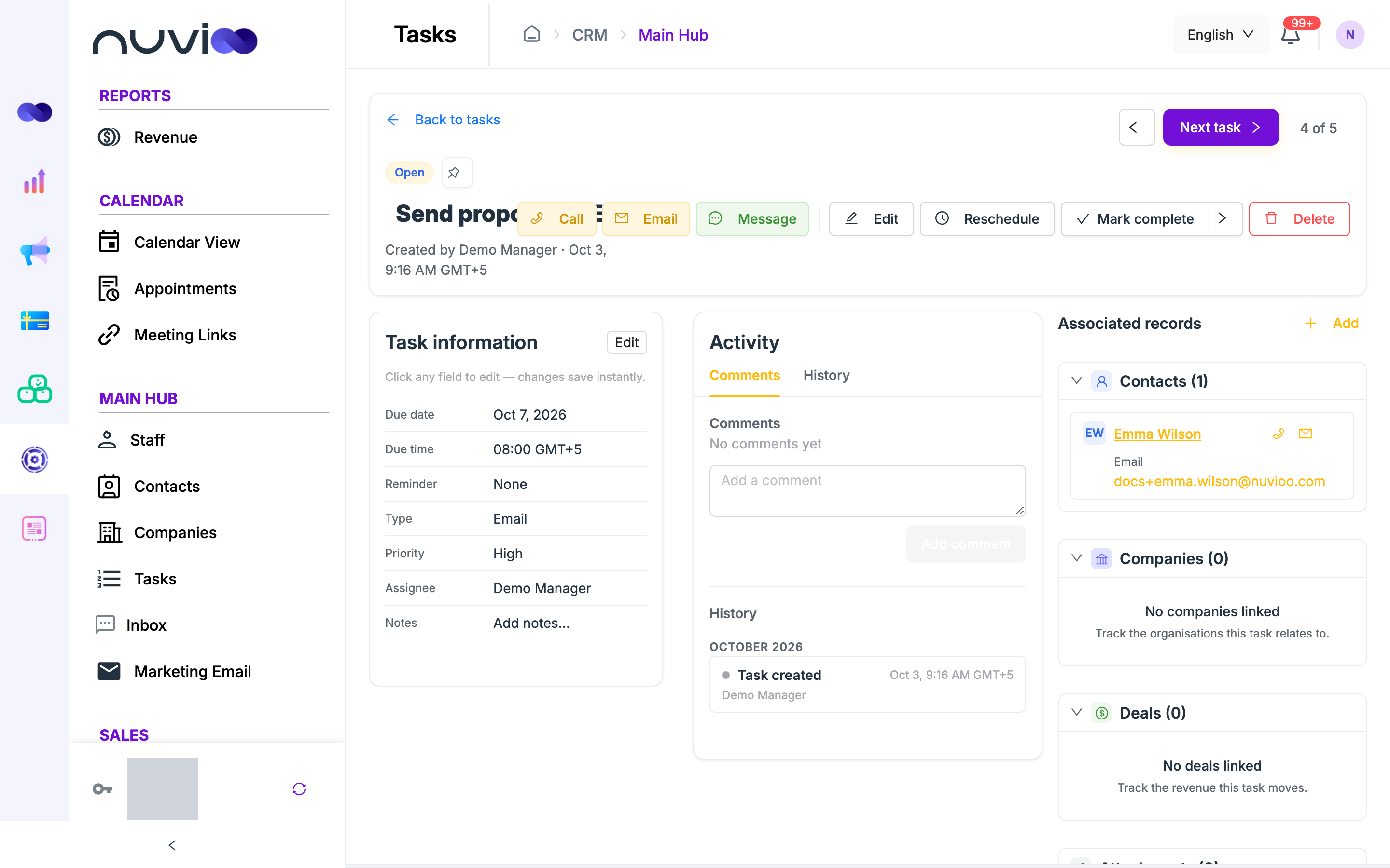 Task detail with task information, activity and associated contact