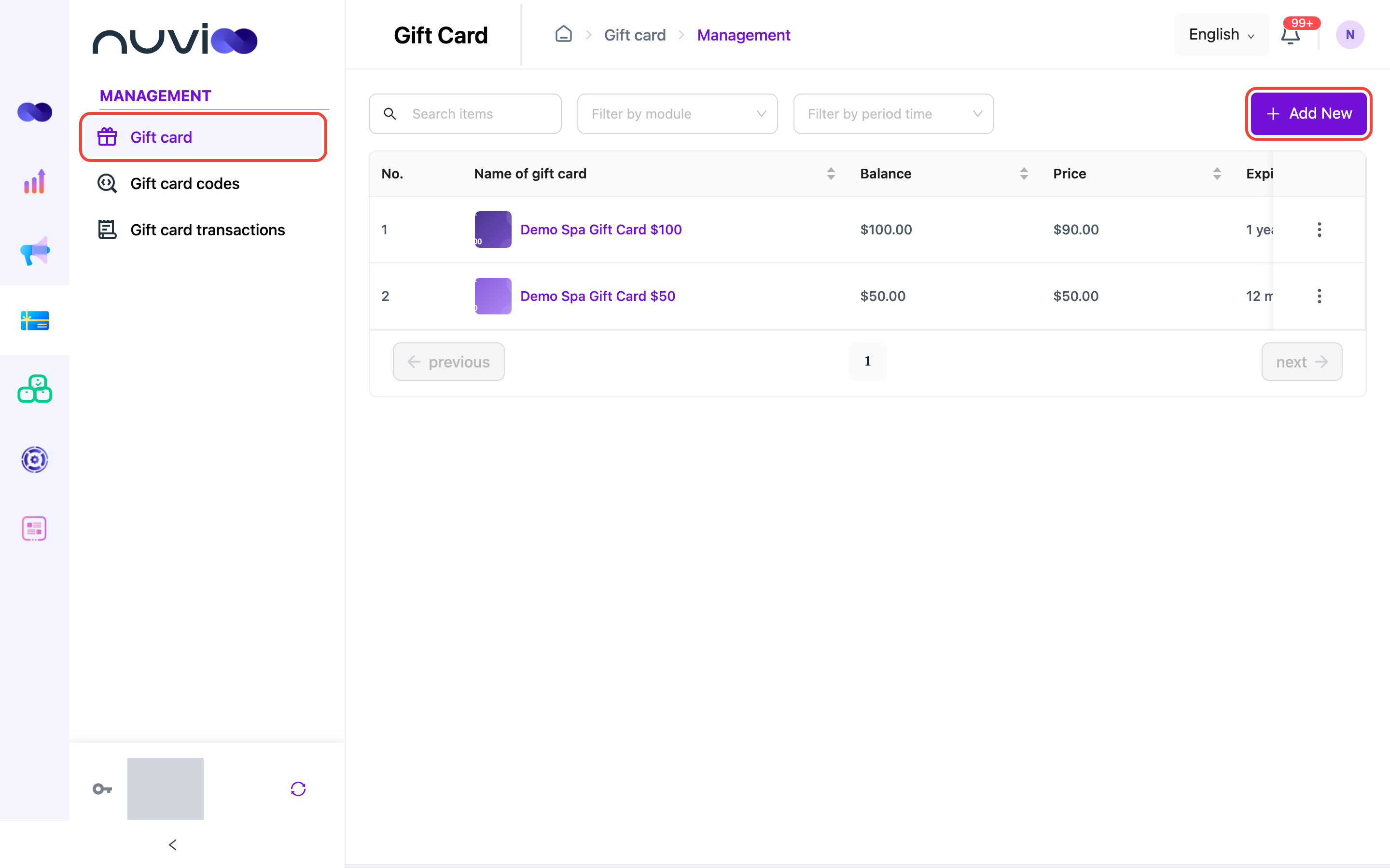 Gift card list with two gift cards, the Gift card menu item and the Add New button highlighted