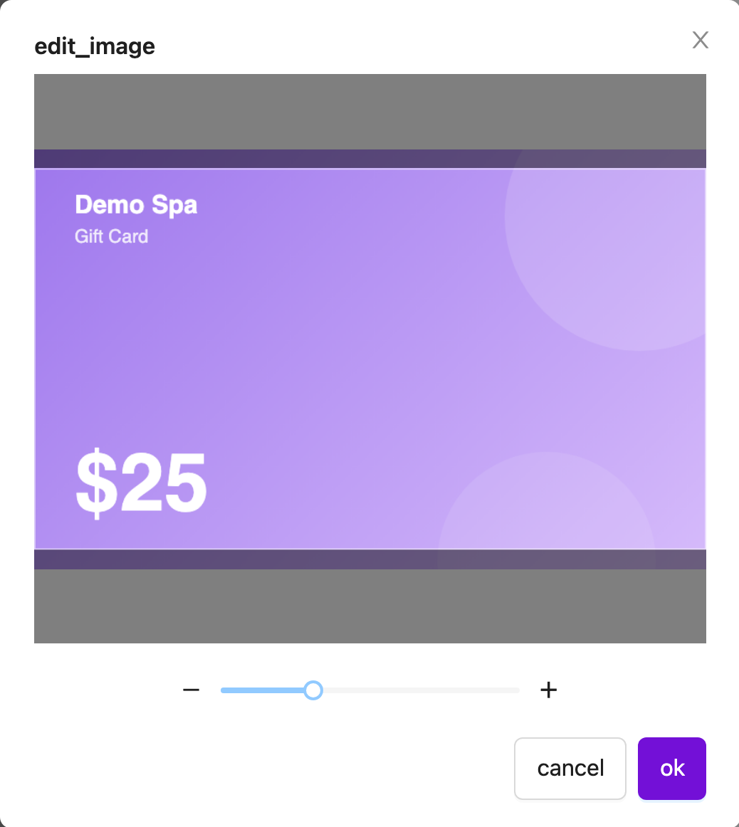 Image crop dialog showing a gift card design with zoom slider and ok button