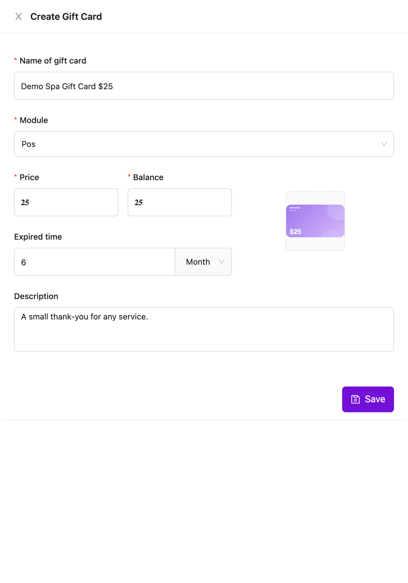Create Gift Card drawer with name, module Pos, price 25, balance 25, expiry 6 months, image and description