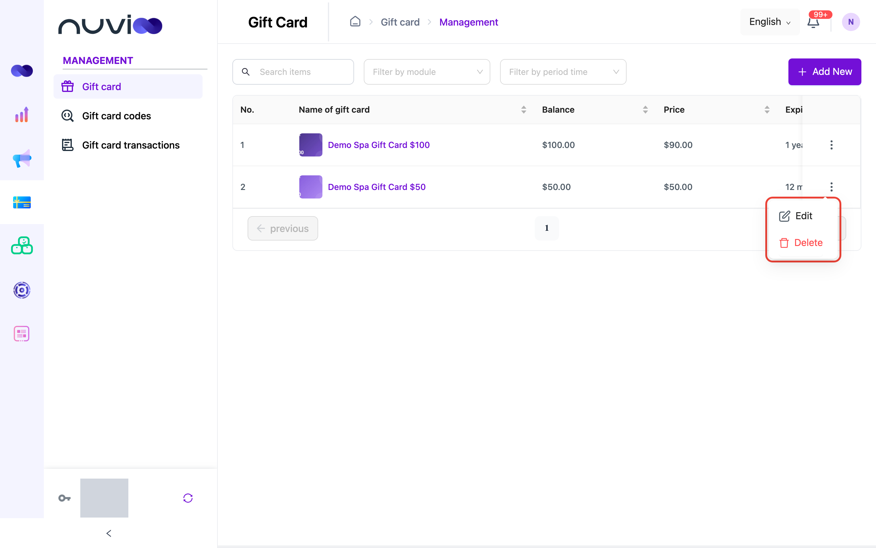 Row actions menu with Edit and Delete for a gift card