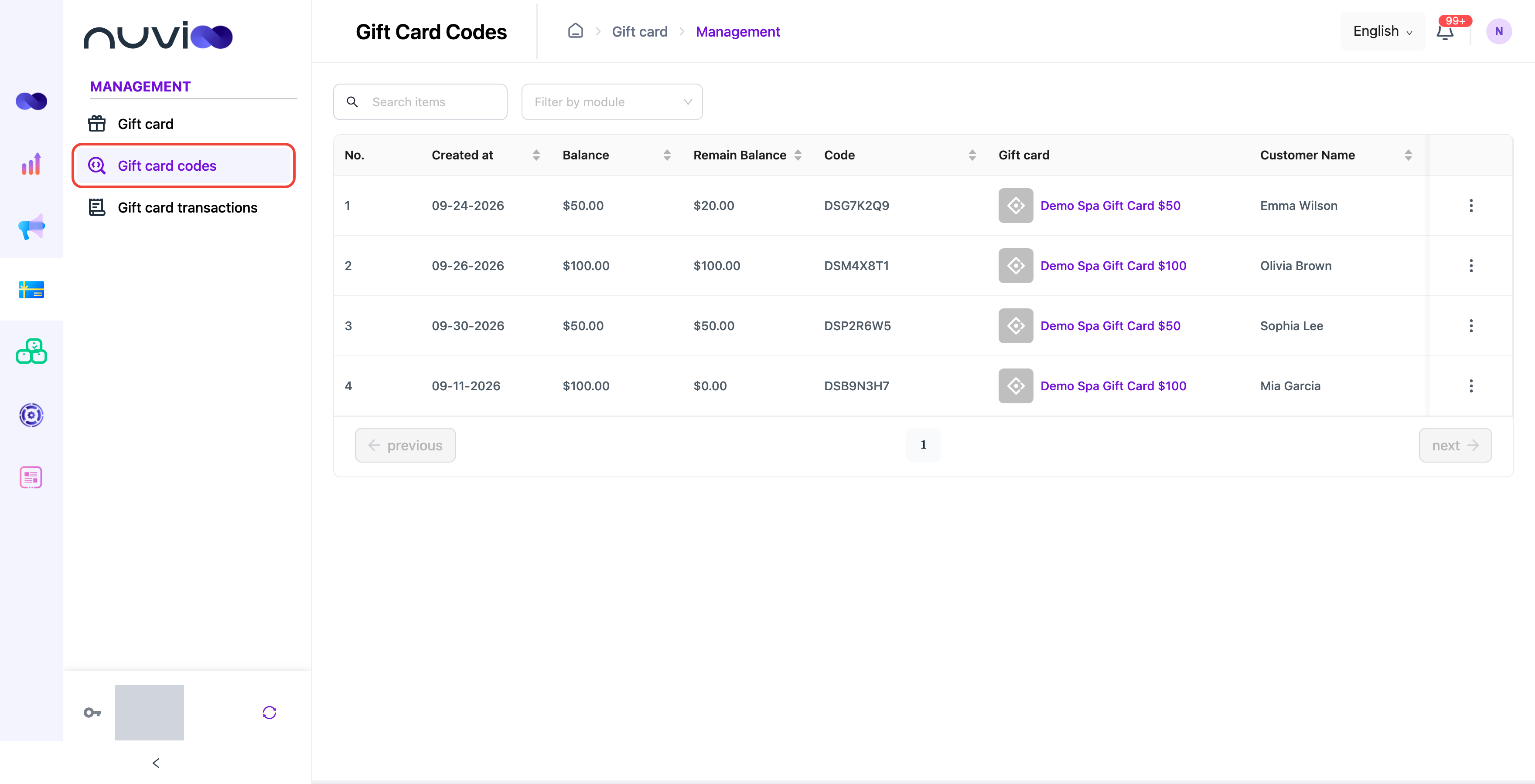 Gift card codes list with date, balance, remaining balance, code, gift card, customer and status