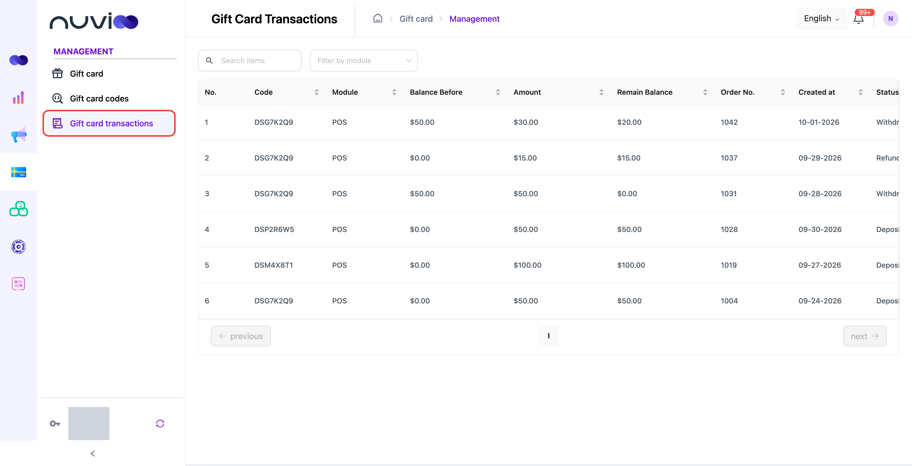 Gift card transactions with code, module, balance before, amount, remaining balance, order number, date, method and customer
