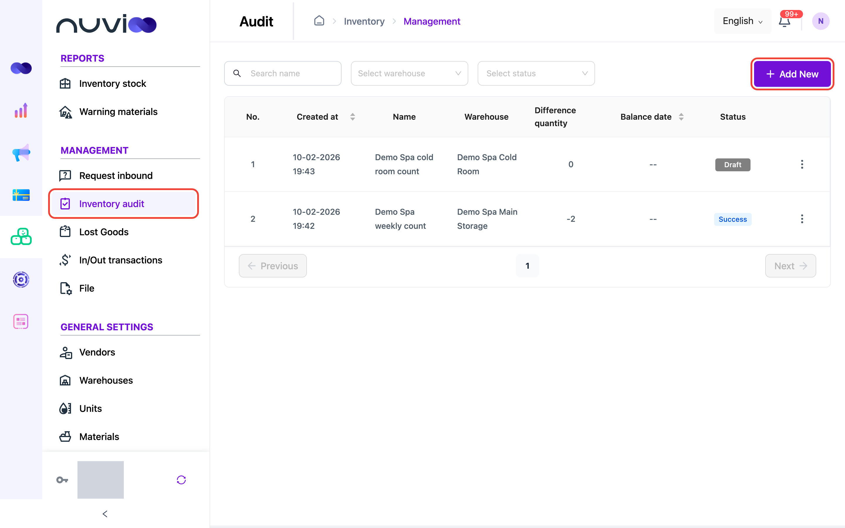 Inventory audit list with a Draft audit and a Success audit