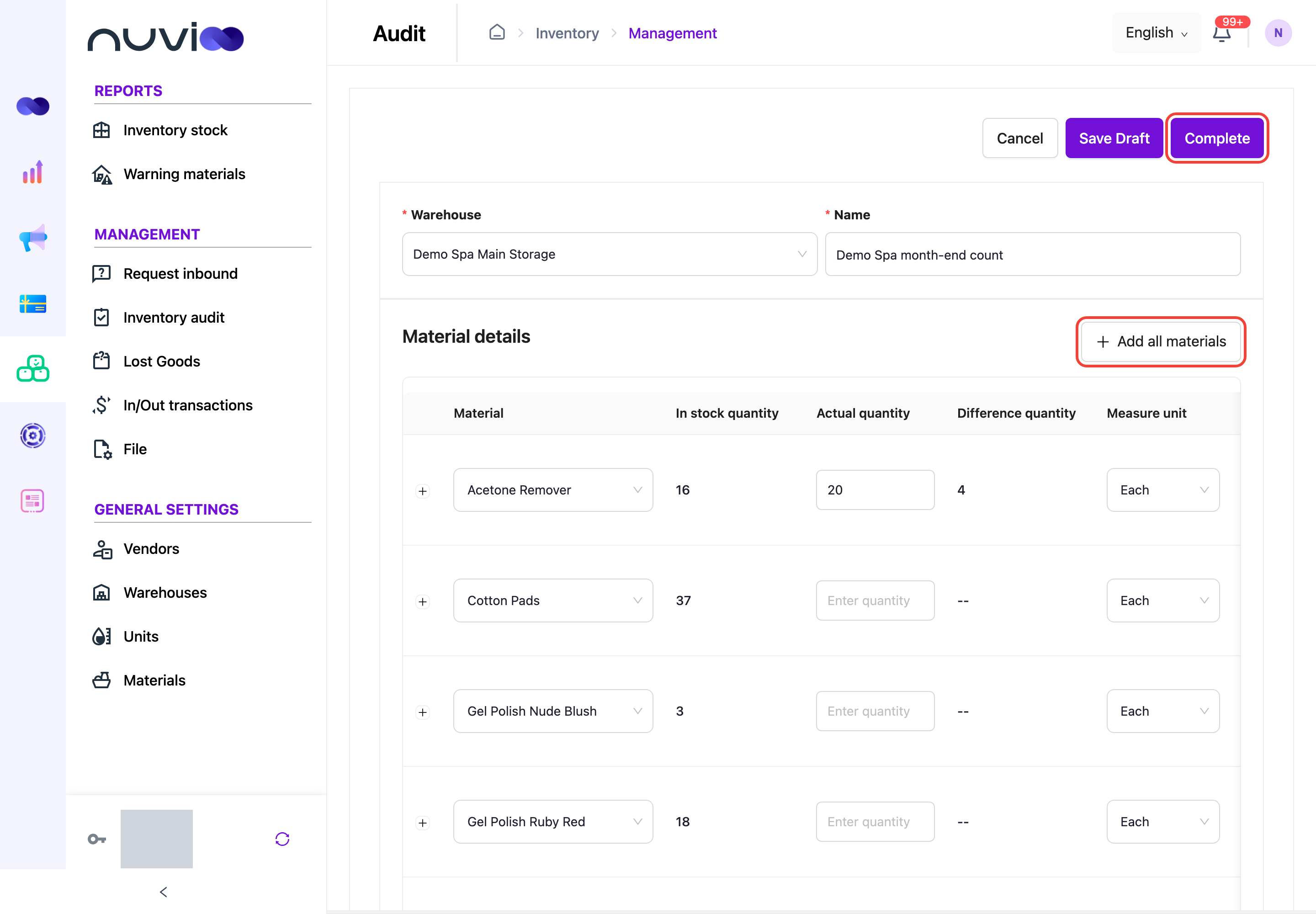Audit form with warehouse, name, materials listed by Add all materials and one actual quantity entered