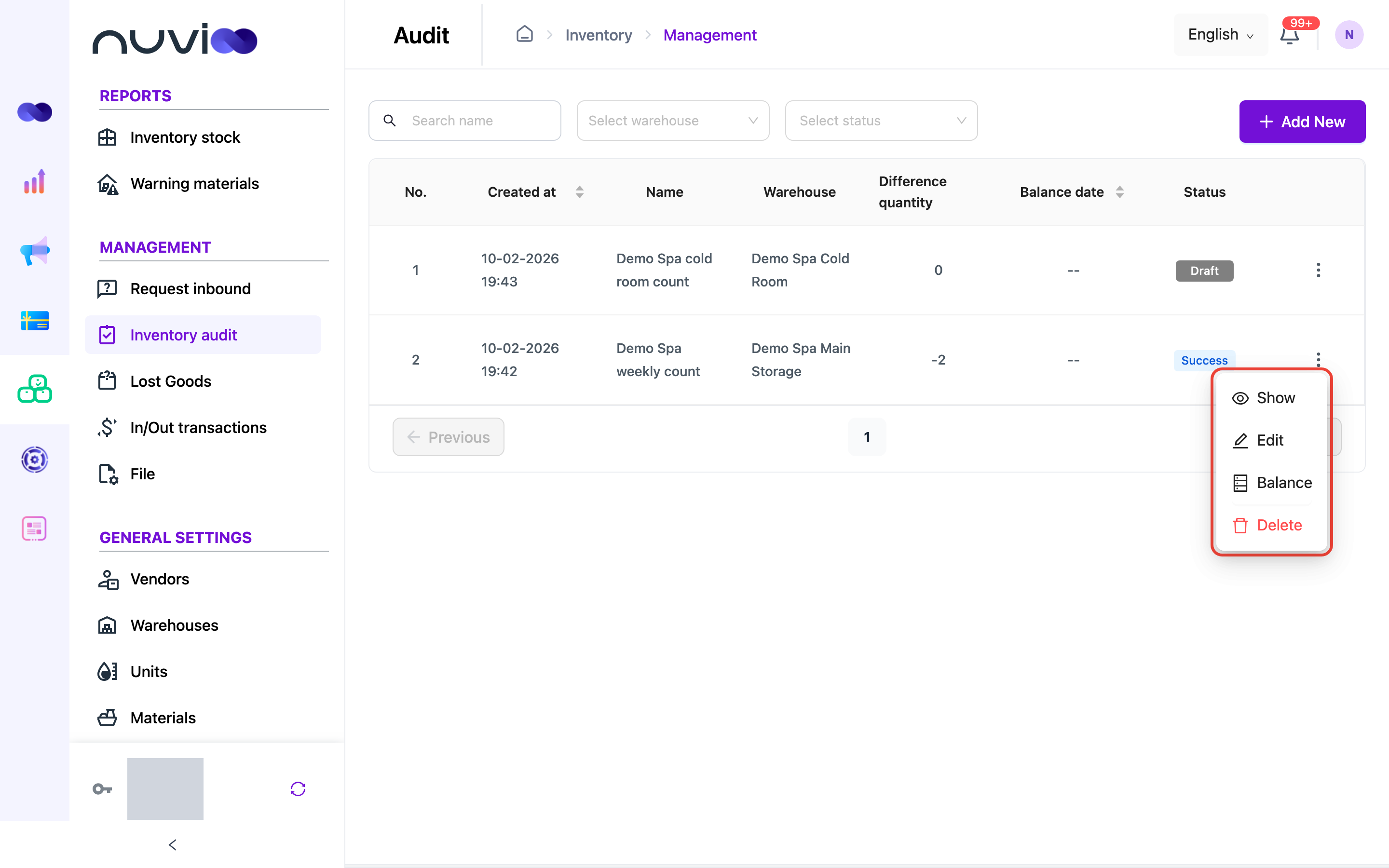 Row actions menu with Show, Edit, Balance and Delete for a completed audit