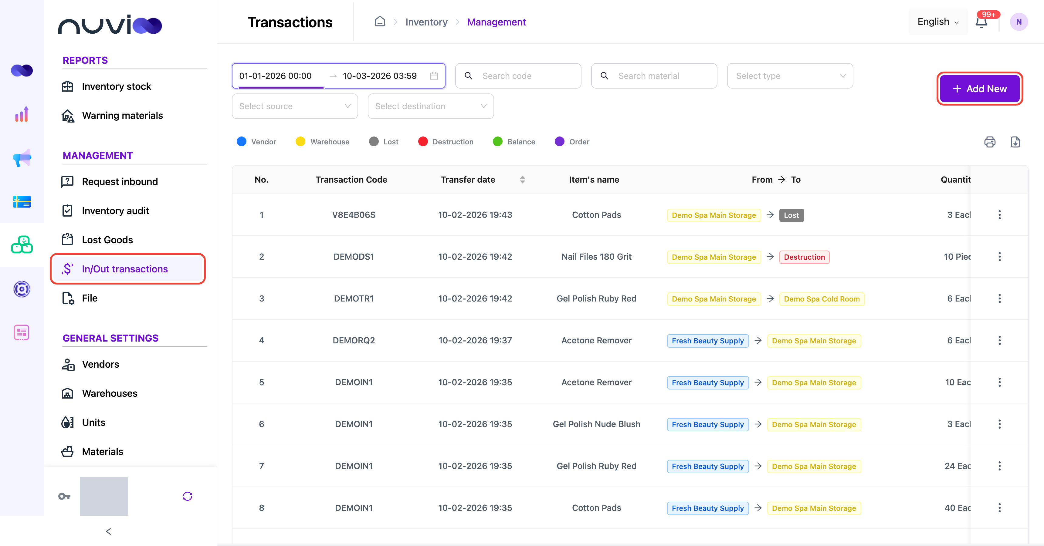 In/Out transactions list filtered to this year, showing imports, a transfer, a destruction and a lost item