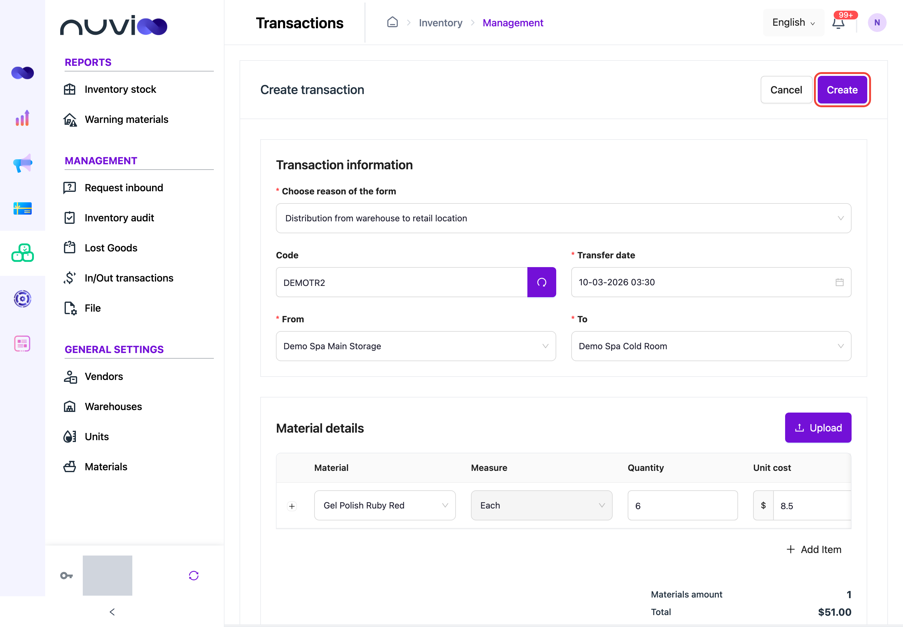 Create transaction page for a distribution from Main Storage to Cold Room with one material line