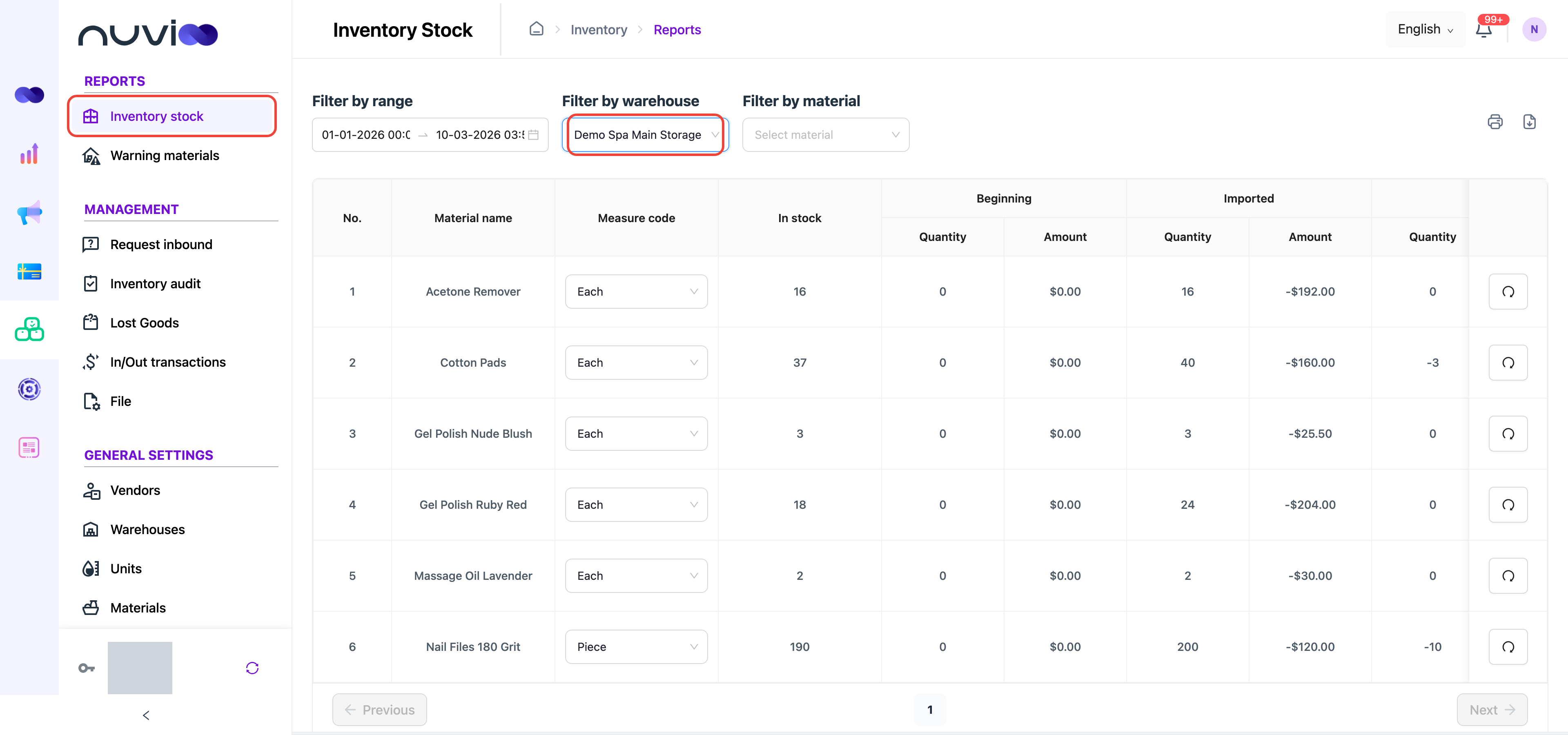 Inventory stock report filtered to Demo Spa Main Storage for this year