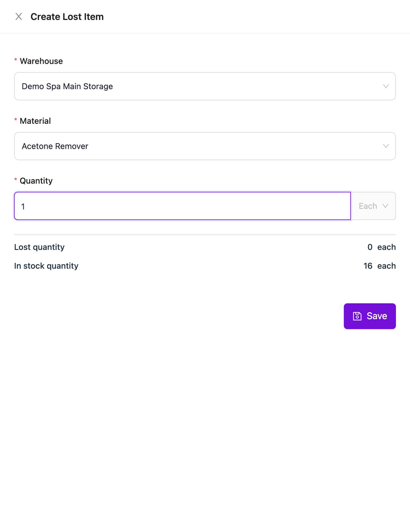 Create Lost Item drawer with warehouse, material and quantity filled in