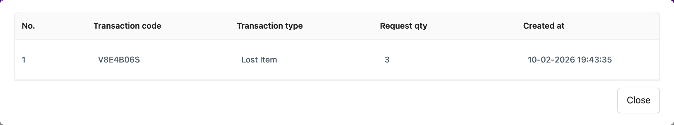 Transactions for a lost item with code, type Lost Item, quantity and date