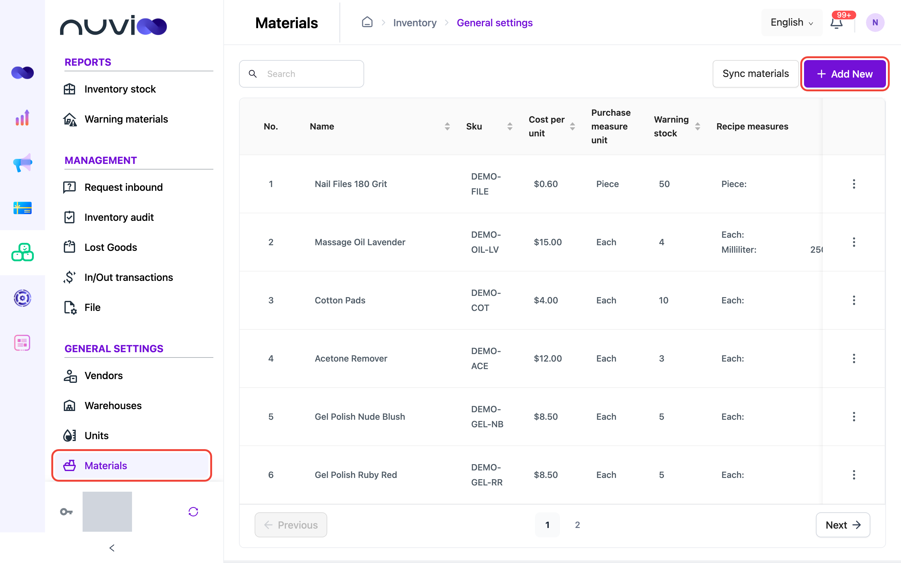 Materials list with the Materials menu item and the Add New button highlighted