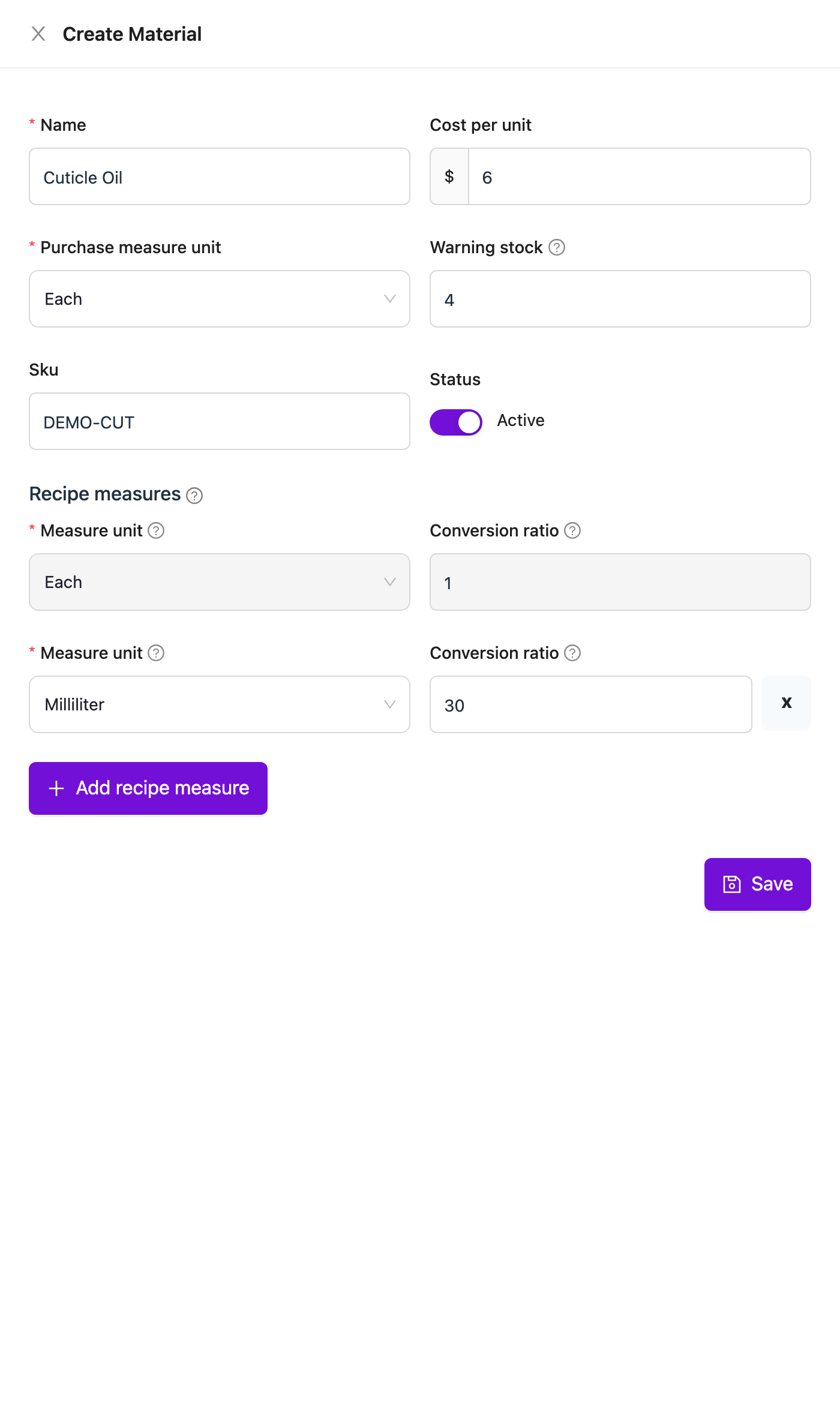 Create Material drawer with name, cost, purchase unit, warning stock, SKU and two recipe measure rows