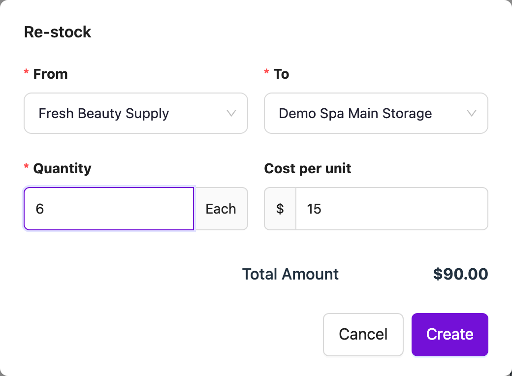 Re-stock dialog with vendor, warehouse, quantity 6, cost per unit and total amount
