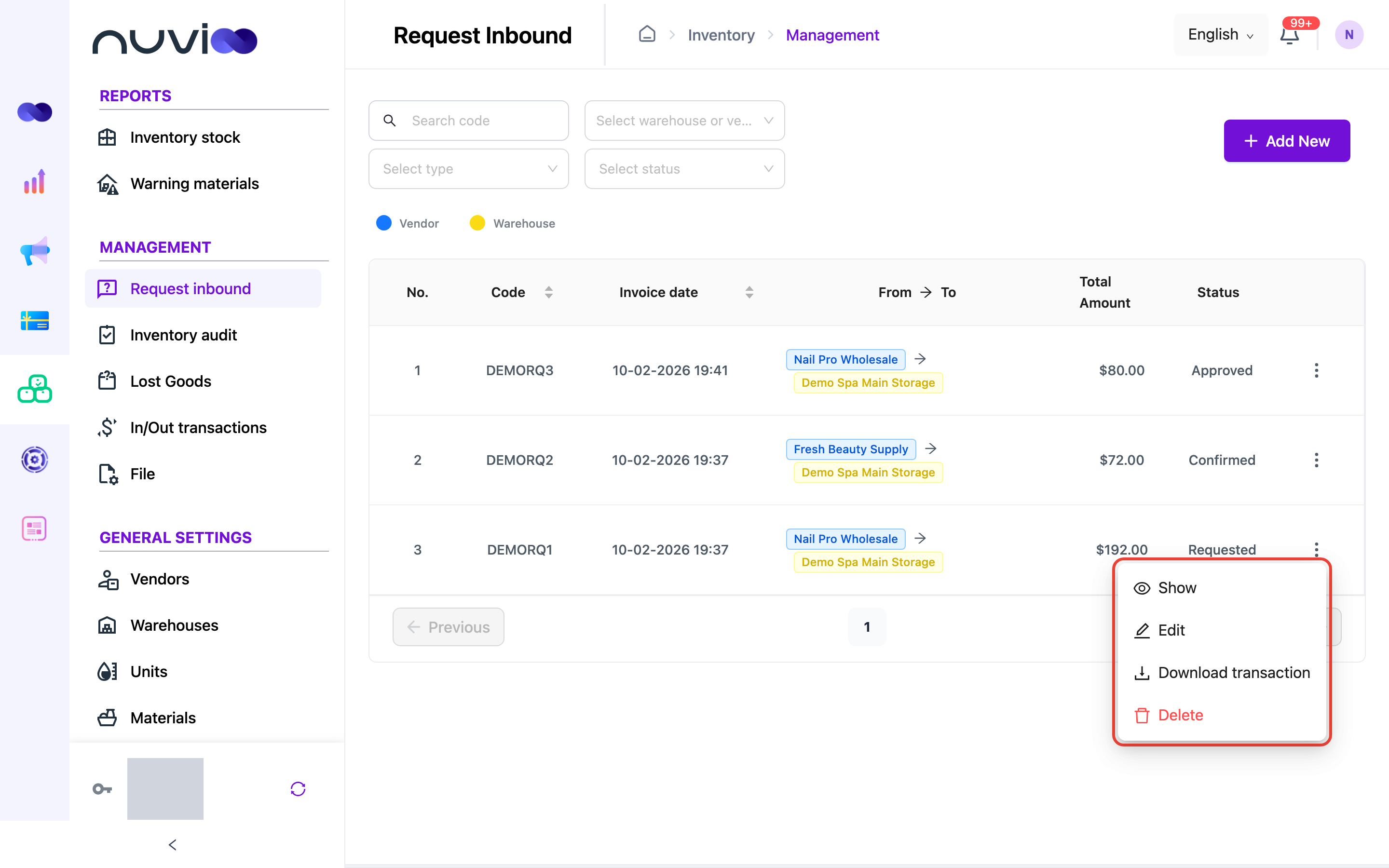 Row actions menu with Show, Edit, Download transaction and Delete
