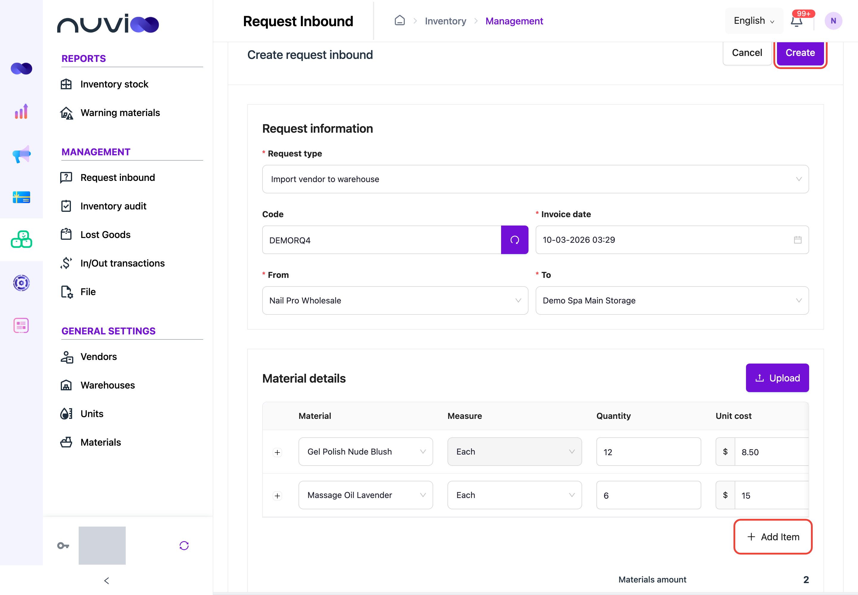 Create request inbound page with type, code, from, to and two material lines filled in