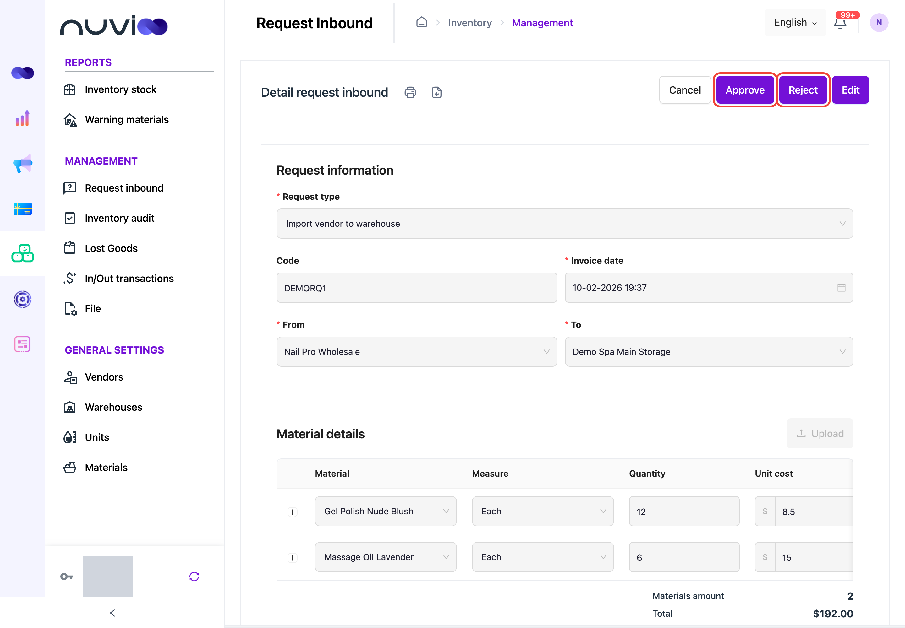 Request detail page with the Approve and Reject buttons highlighted