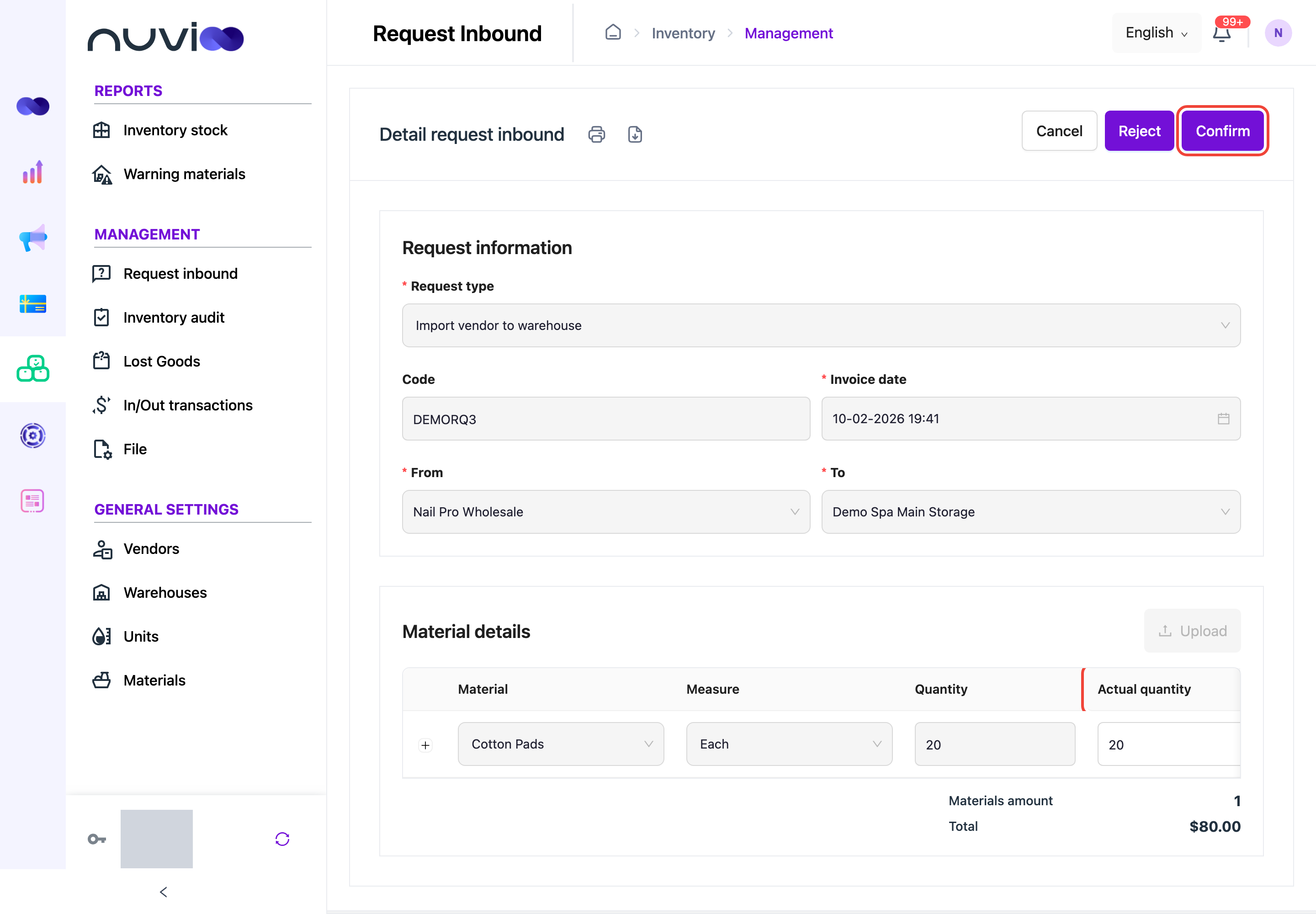 Approved request with the Actual quantity column and the Confirm button highlighted