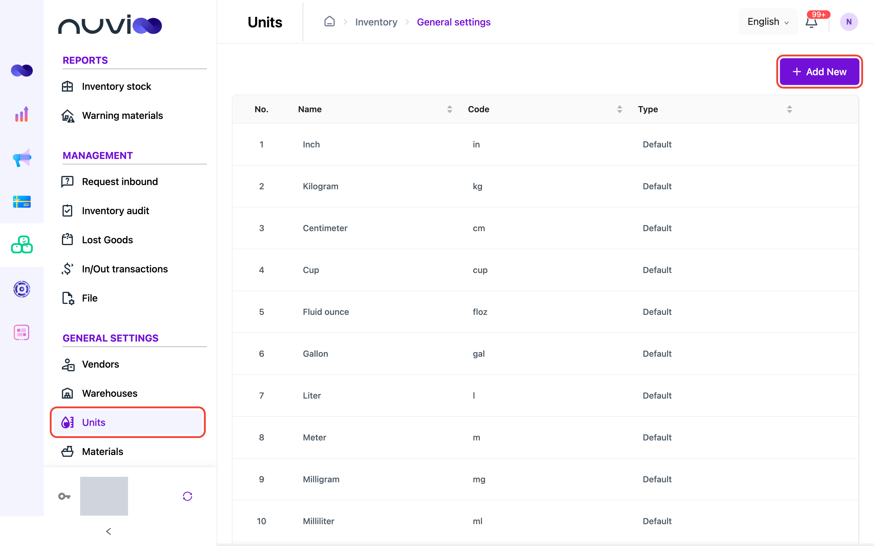 Units list showing default units, with the Units menu item and the Add New button highlighted