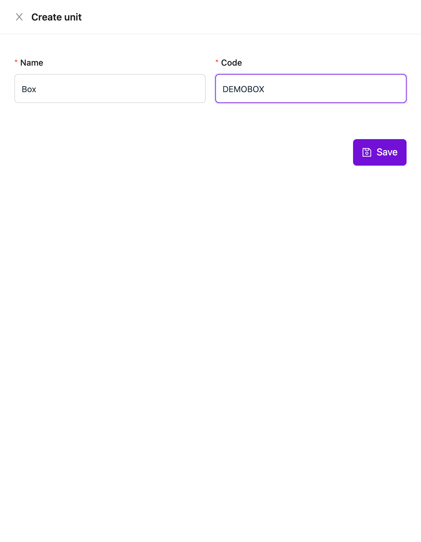Create unit drawer with Name and Code filled in