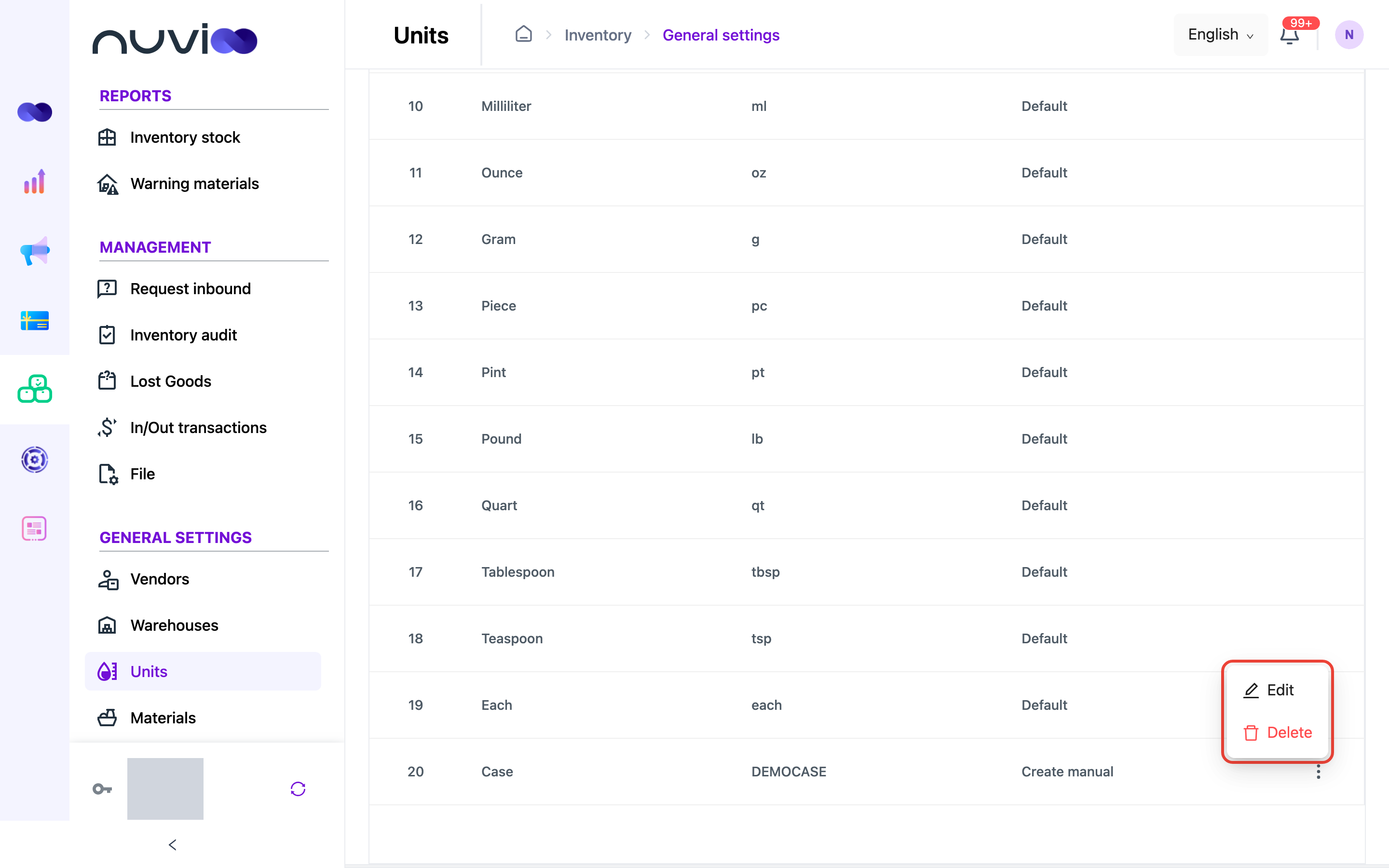 Row actions menu with Edit and Delete for a unit you created