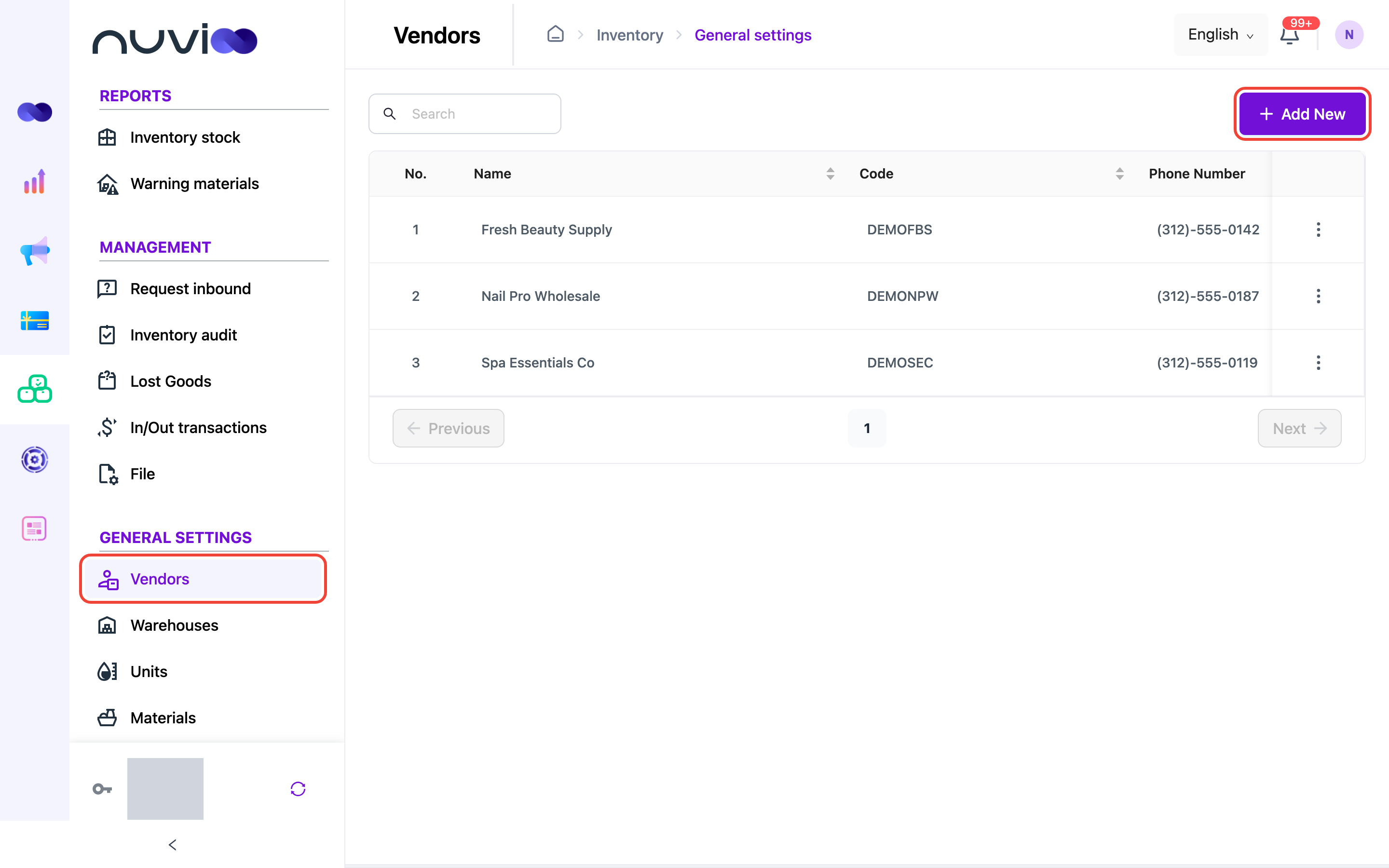 Vendors list with the Vendors menu item and the Add New button highlighted
