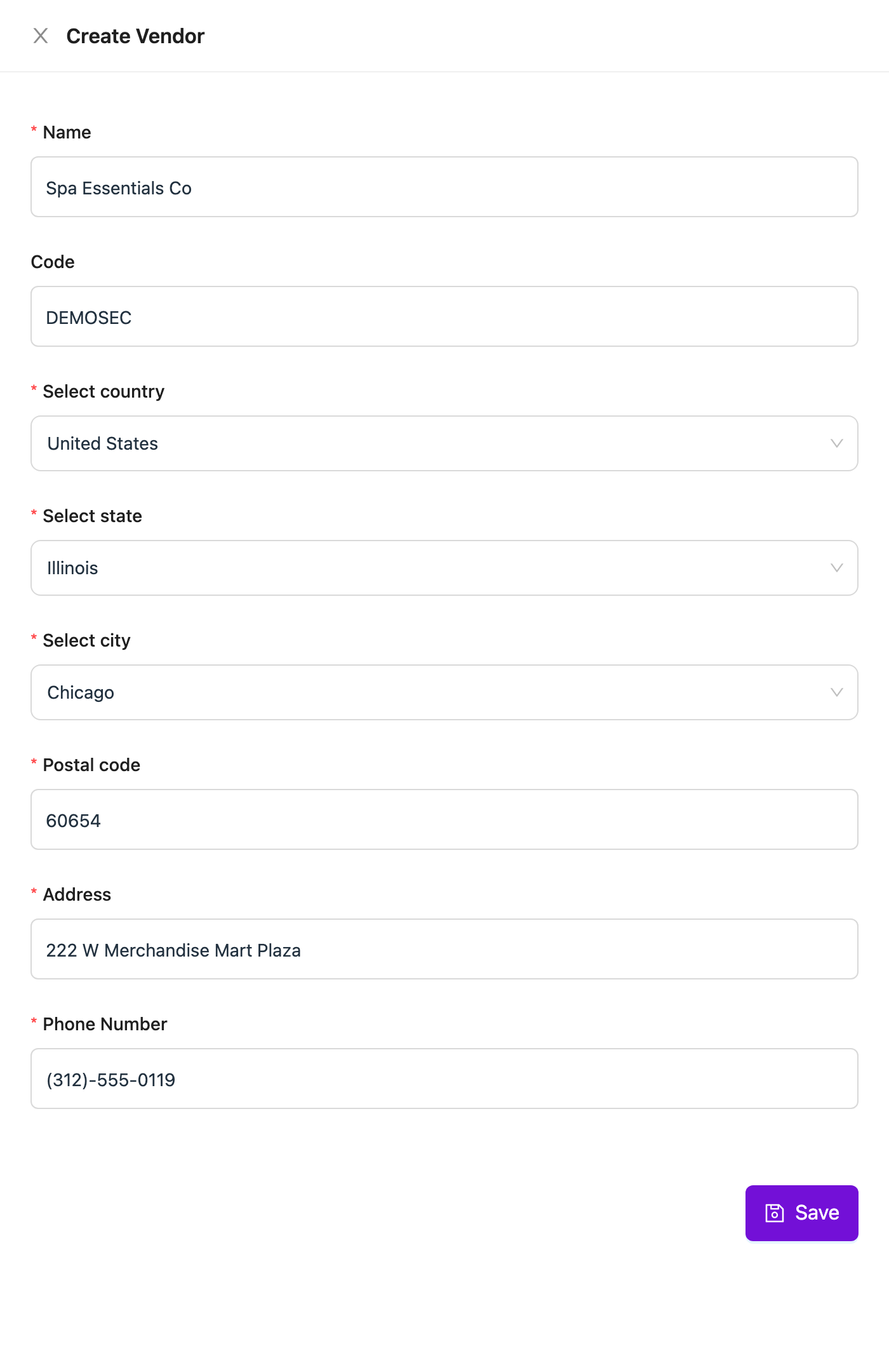Create Vendor drawer filled in with name, code, country, state, city, postal code, address and phone number