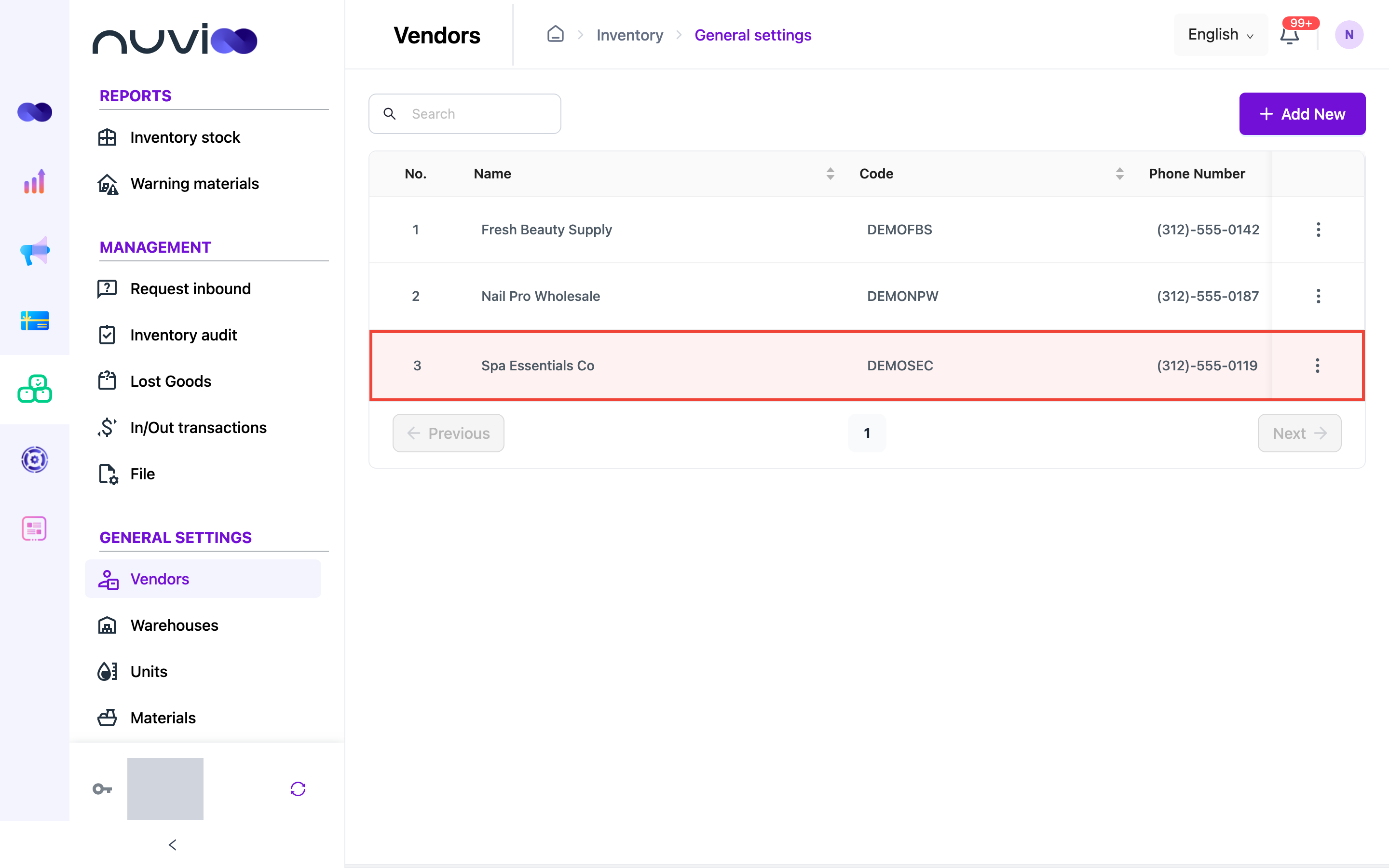 The new vendor highlighted in the Vendors list
