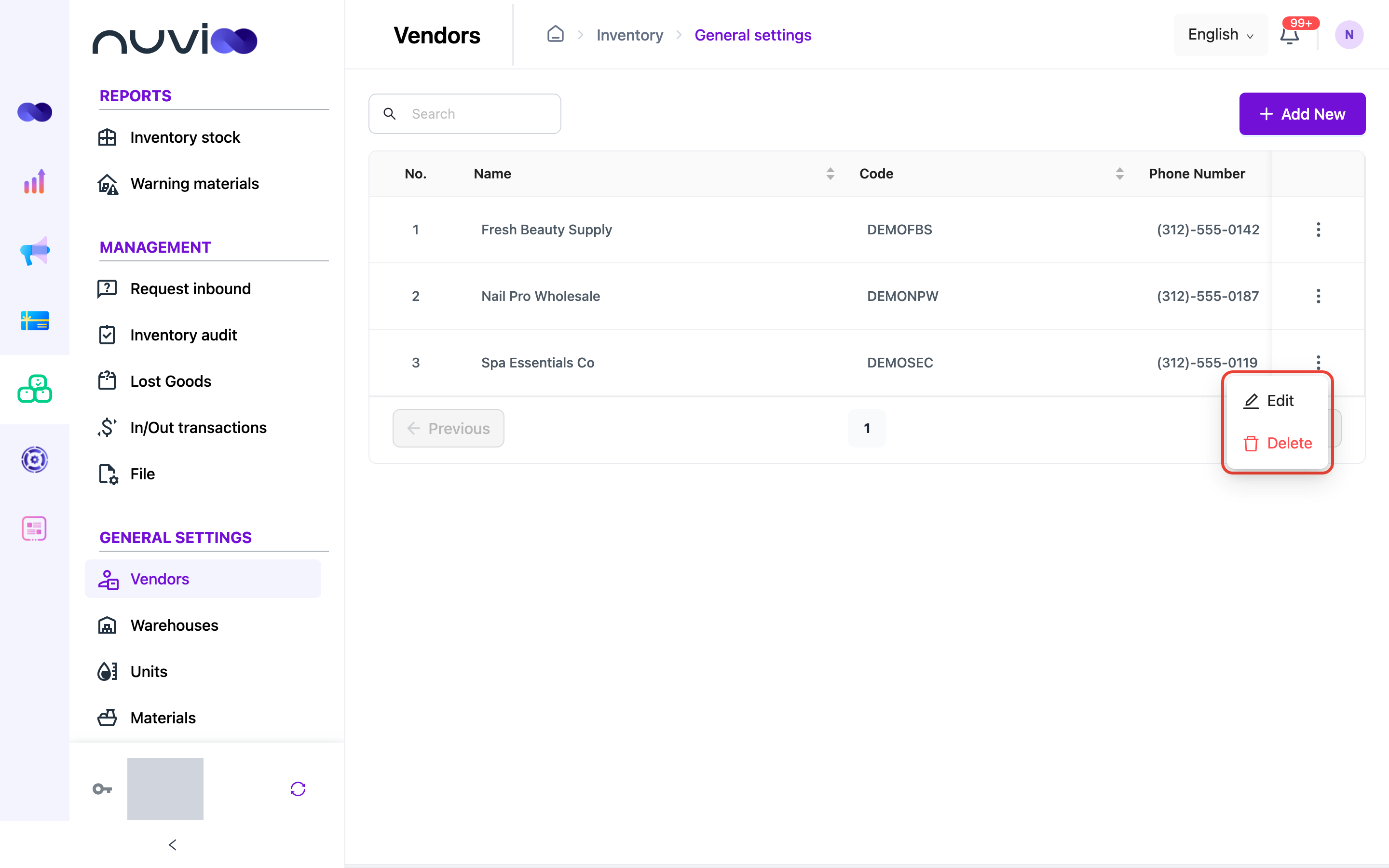 Row actions menu showing Edit and Delete