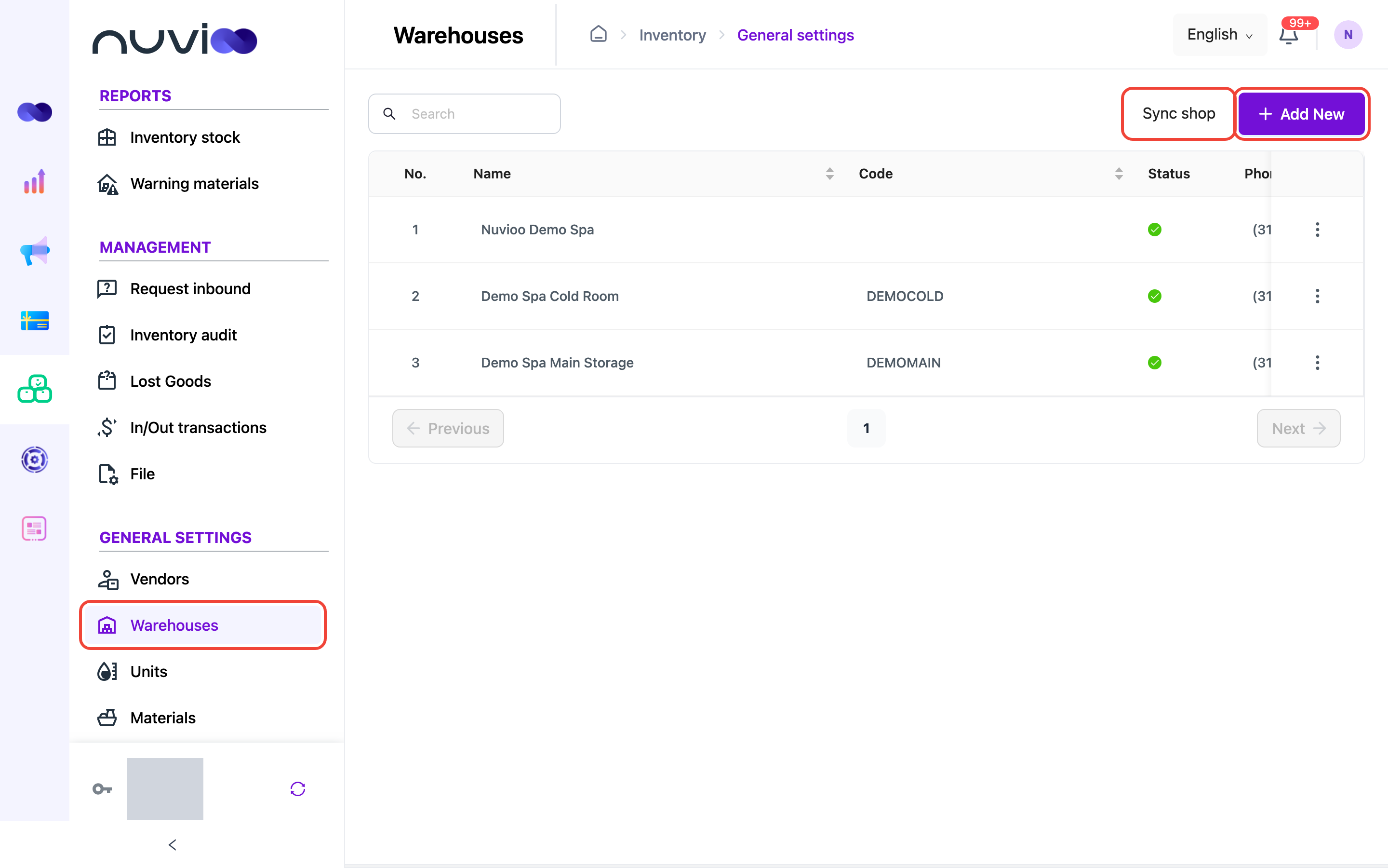 Warehouses list with the Warehouses menu item, the Sync shop button and the Add New button highlighted