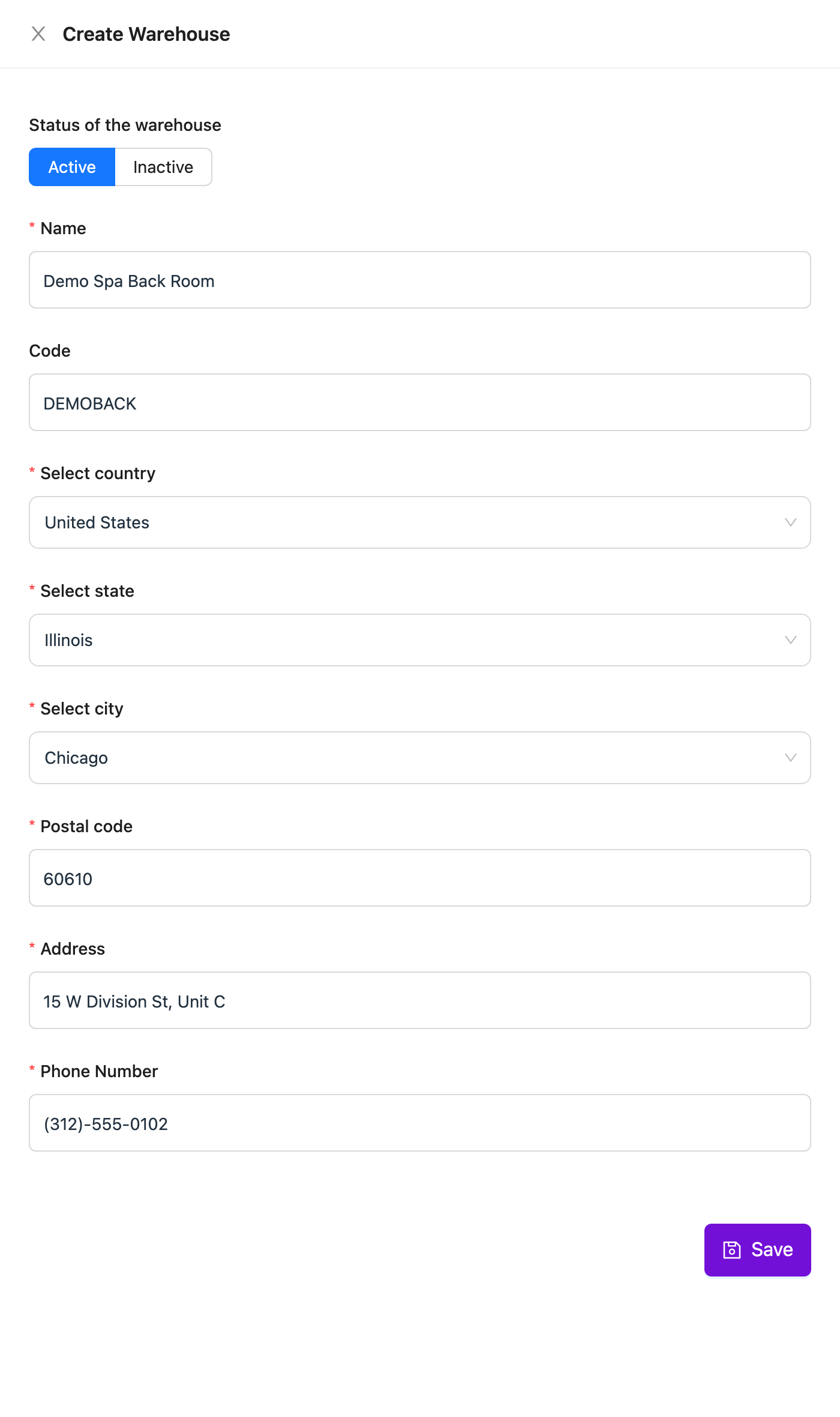Create Warehouse drawer filled in with status, name, code, address and phone number