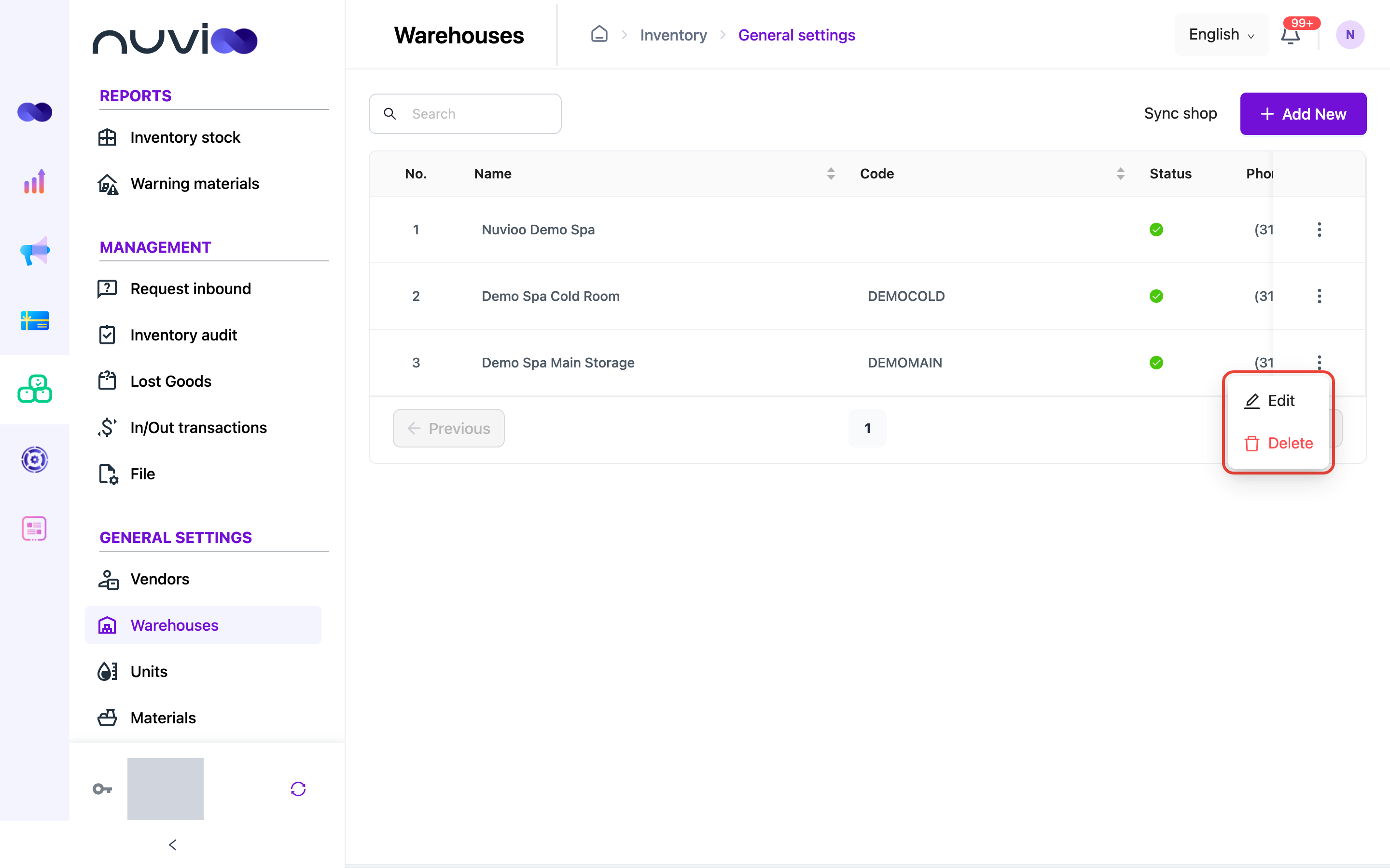 Row actions menu with Edit and Delete for a warehouse