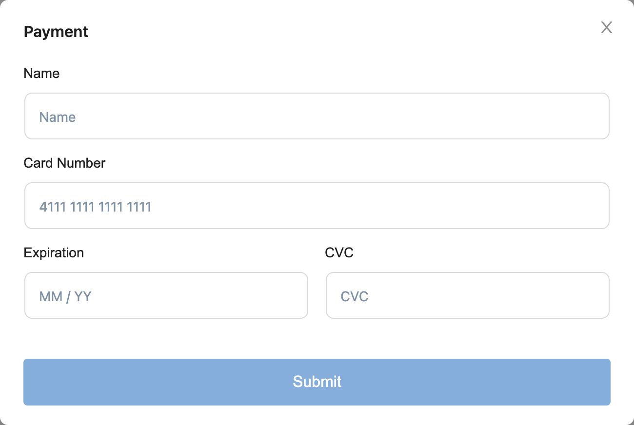 Payment window with Name, Card Number, Expiration and CVC fields and the Submit button